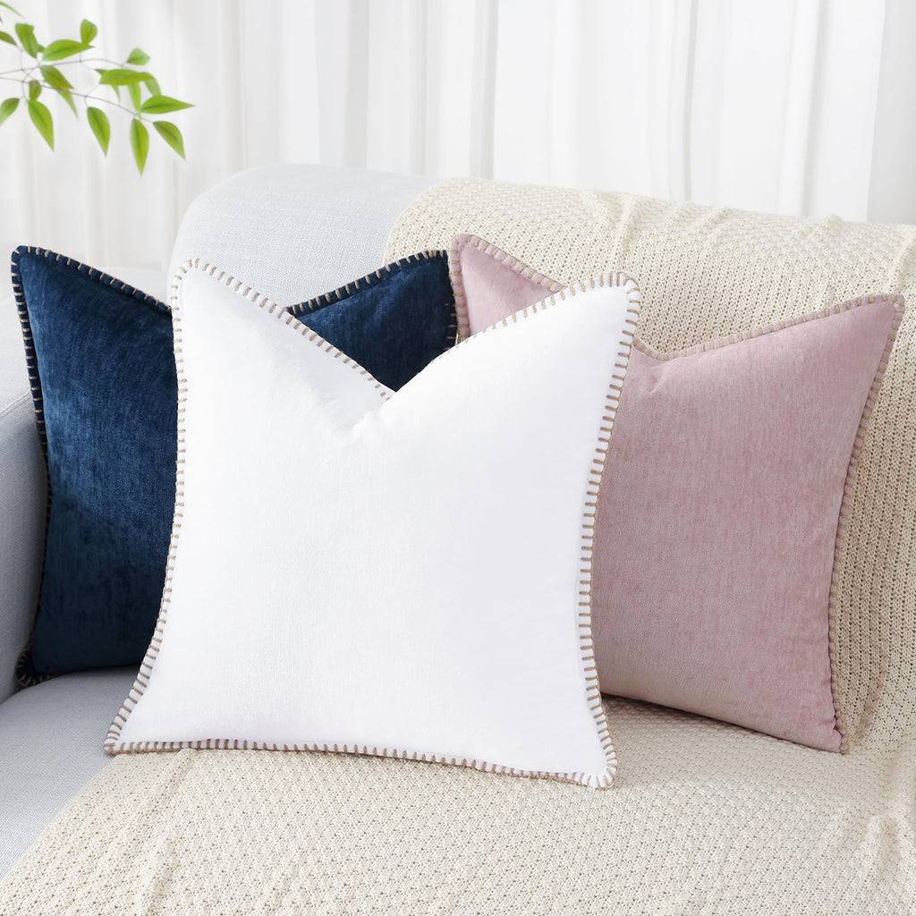 Decoruhome Chenille Soft Spring Throw Pillow Covers 12X20 Set Of 2, Lumbar Velvet Farmhouse Pillow Covers, Decorative Pillow Covers With Stitched Edge For Couch Sofa Bed, White