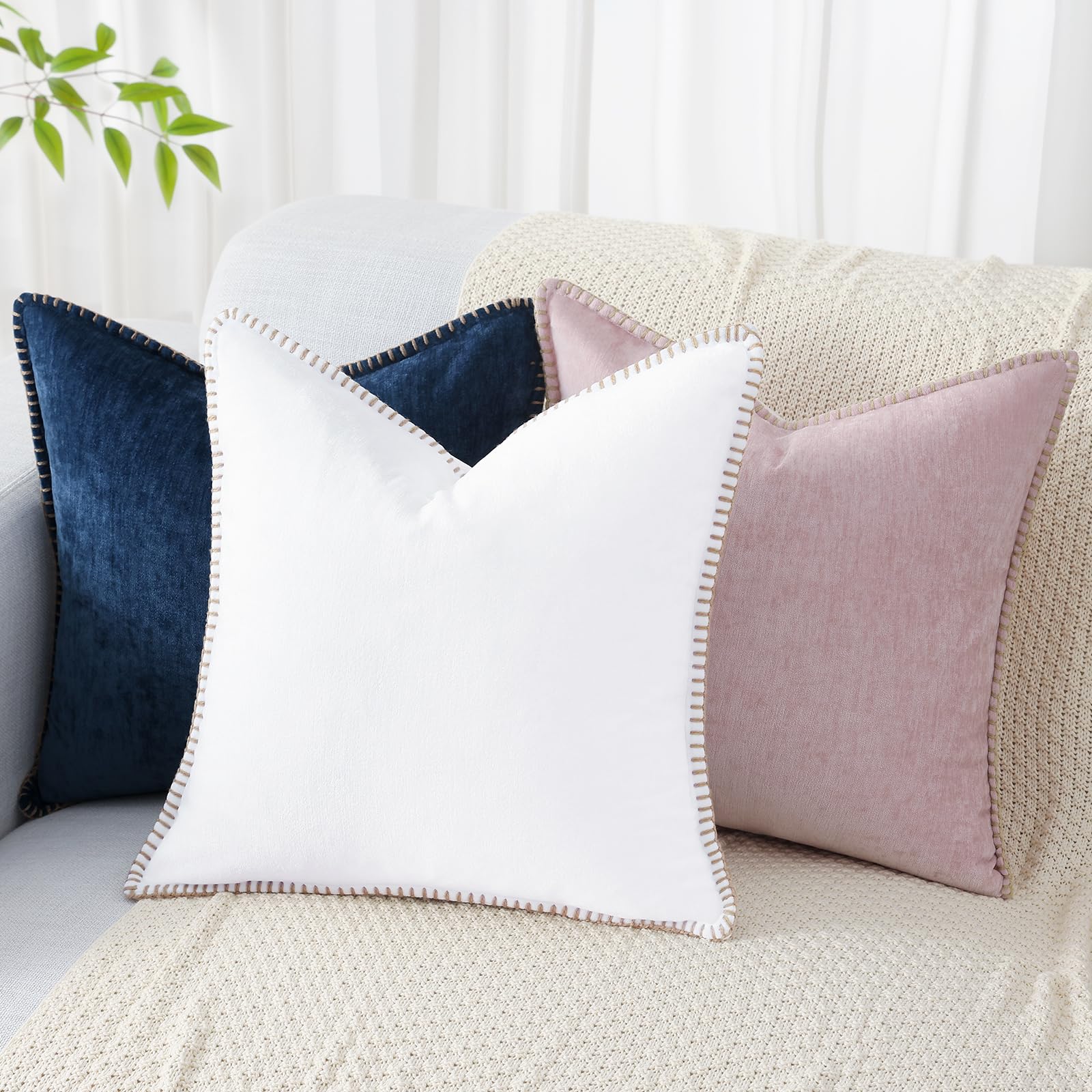 Decoruhome Chenille Soft Spring Throw Pillow Covers 12X20 Set Of 2, Lumbar Velvet Farmhouse Pillow Covers, Decorative Pillow Covers With Stitched Edge For Couch Sofa Bed, White