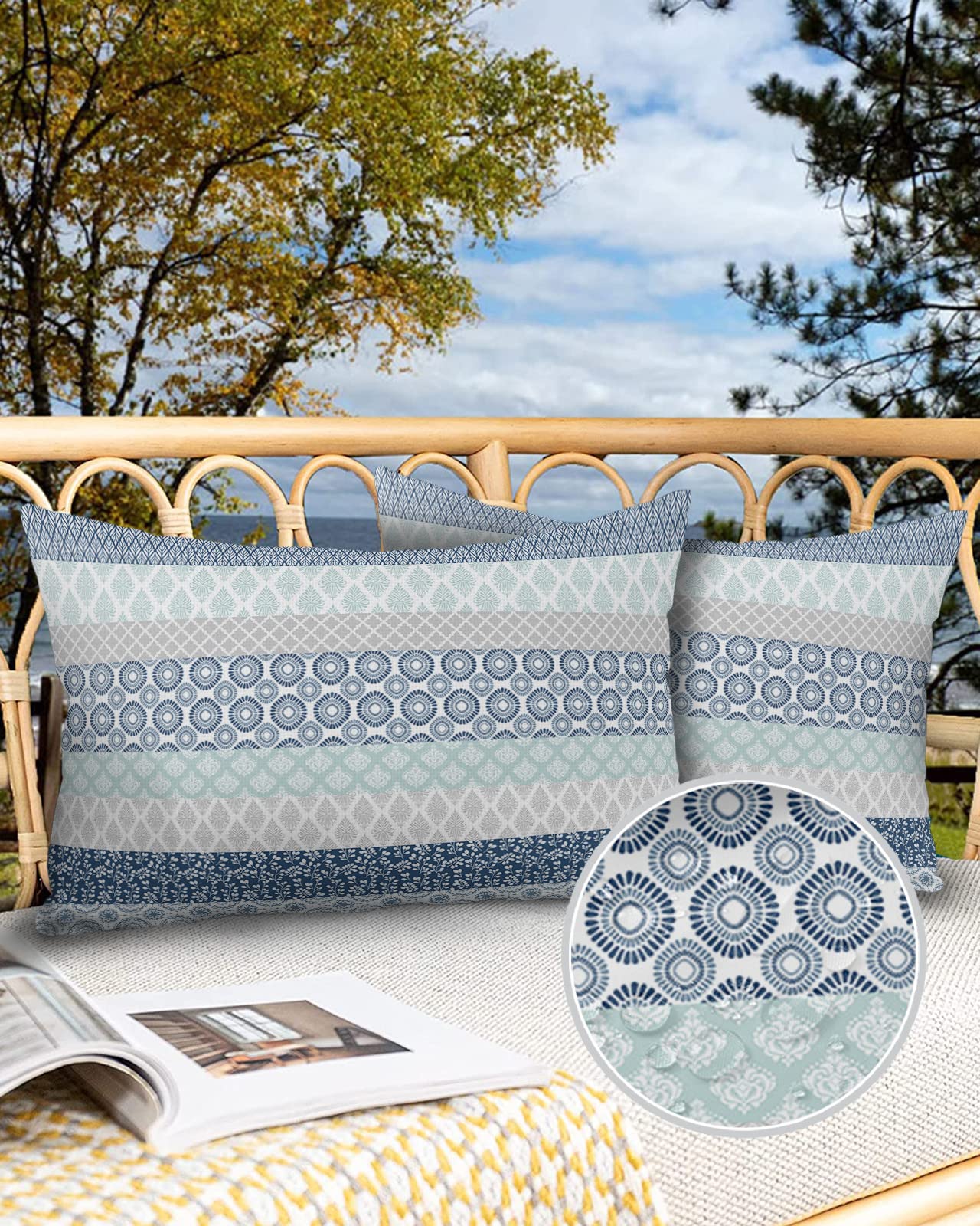 Outdoor Waterproof Throw Pillow Covers Set Of 2 Blue Boho Stripe Tribal Vingtage Lumbar Pillowcases 20X12 Inches Bohemian Style