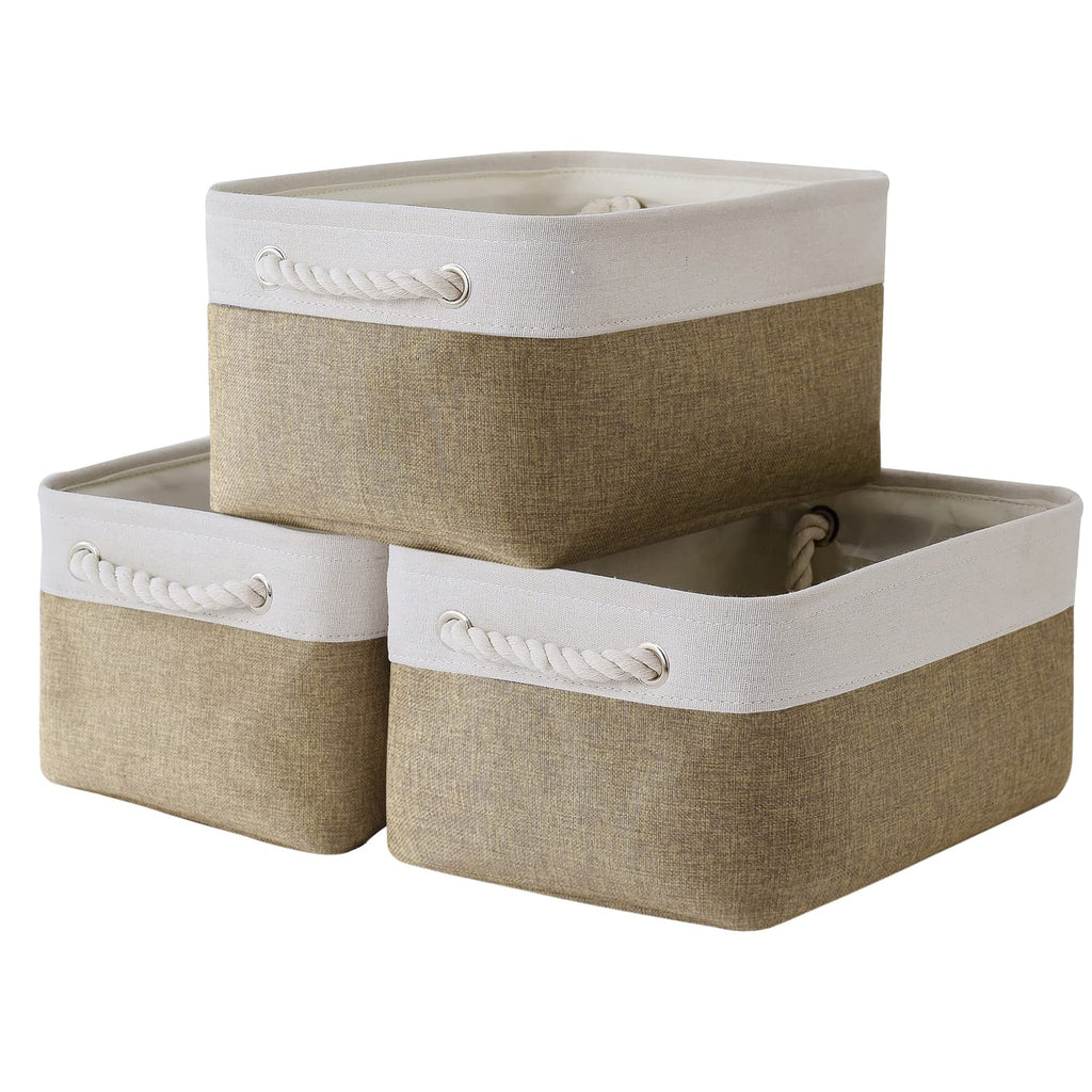 TheWarmHome Storage Basket for Organizing - 14x10x7 inch Medium 3 Pack Collapsible Storage Bin for Shelves with Handles, Canves 