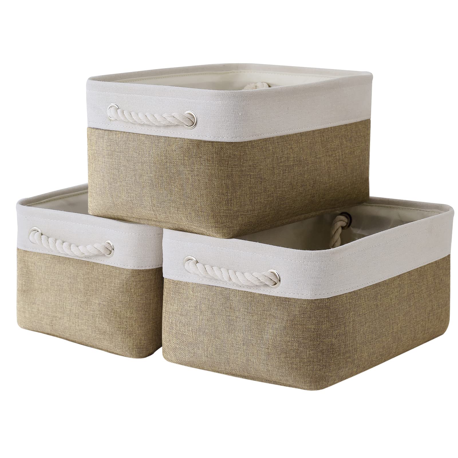TheWarmHome Storage Basket for Organizing - 14x10x7 inch Medium 3 Pack Collapsible Storage Bin for Shelves with Handles, Canves 