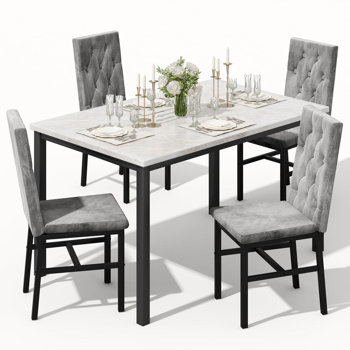 Hooseng Dining Table Set For 4, Faux Marble Small Kitchen Table Chairs Set Of 4 With Luxurious Button Tufted Dinner Chairs For K
