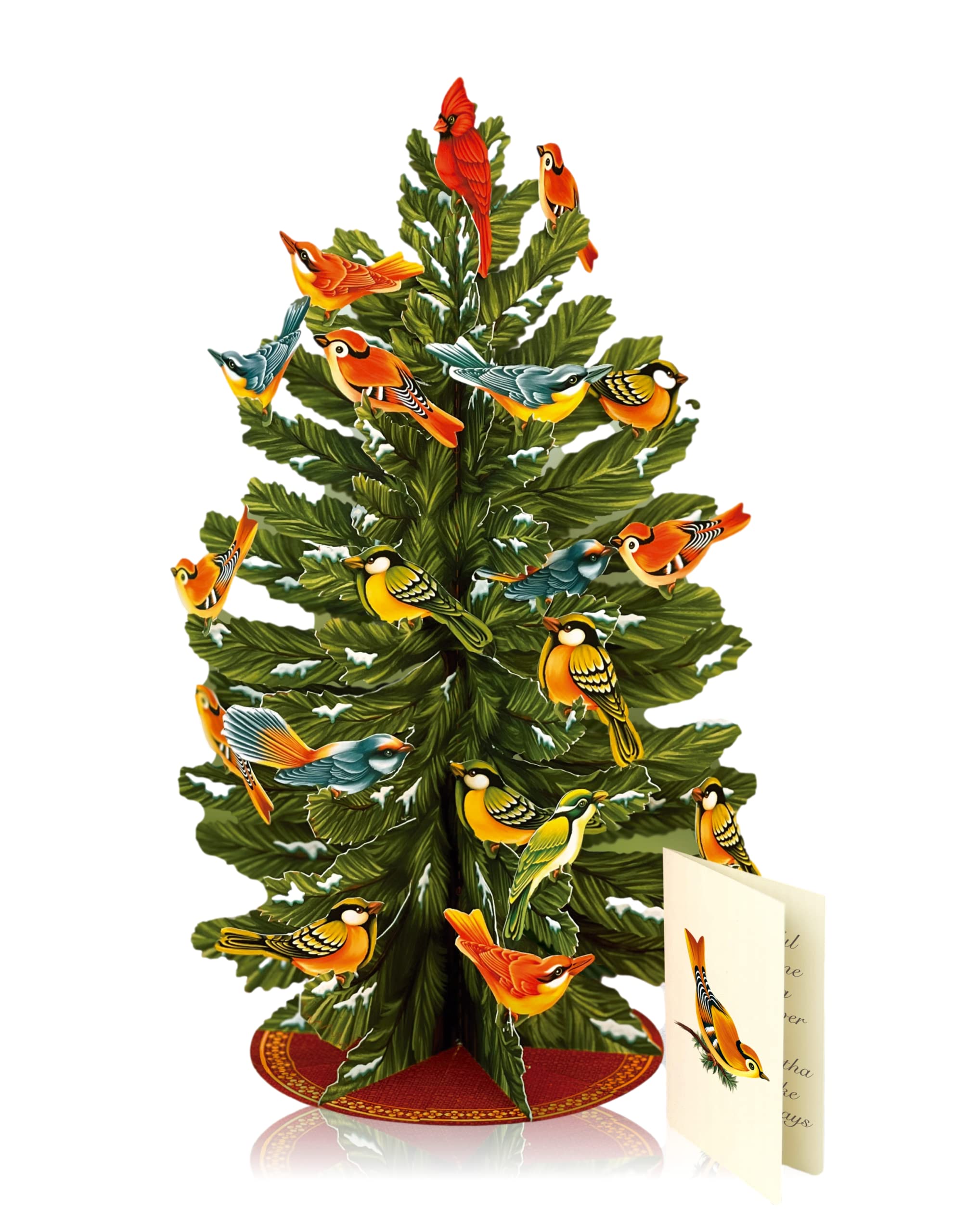 Freshcut Paper Pop Up Winter Tree, 15 inch Fall & Holiday Decoration with Removable Bird Ornaments, 3D Popup Blank Card & Envelo