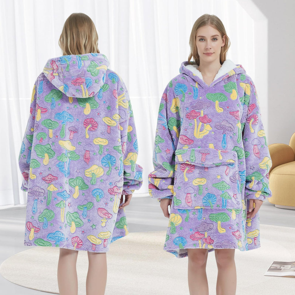Fiosnow Wearable Blanket Hoodie Oversize Glow in the Dark Mushroom Polyester Purple Mushroom