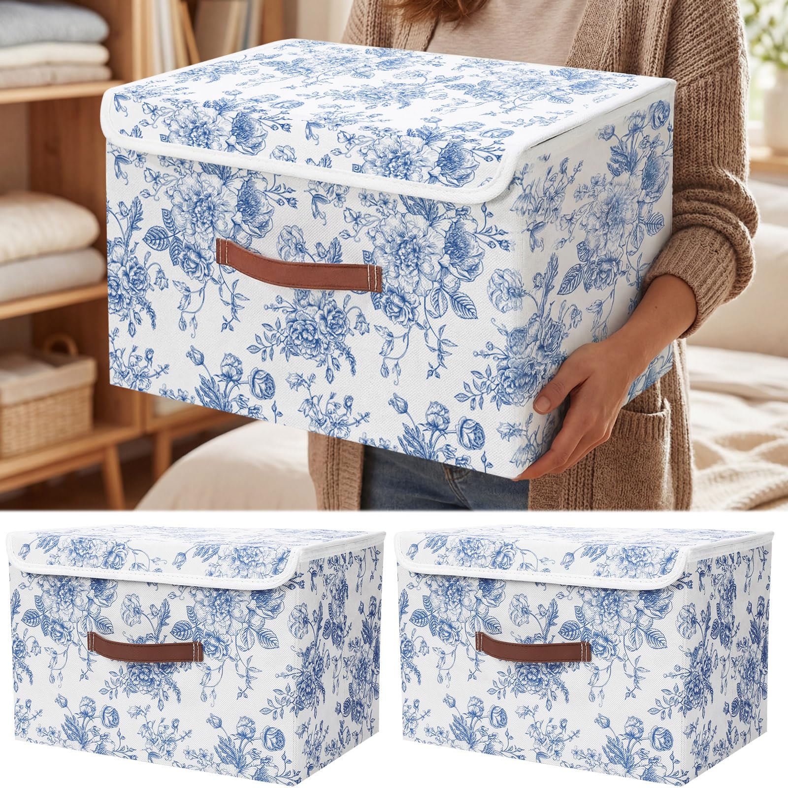 Teecyhooo 2 Pack Blue Floral Storage Bin with Lids Large Blue Floral Storage Bin with Handles 15x10x8 Inch Foldable Fabric Baske
