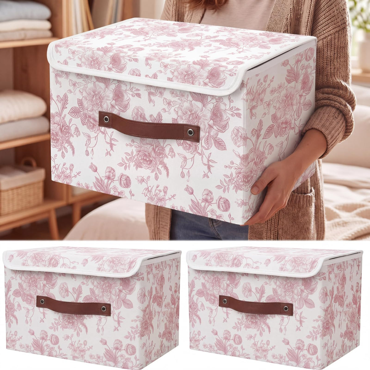 Teecyhooo 2 Pack Pink Floral Storage Bin with Lids, 15x10x10 Inch