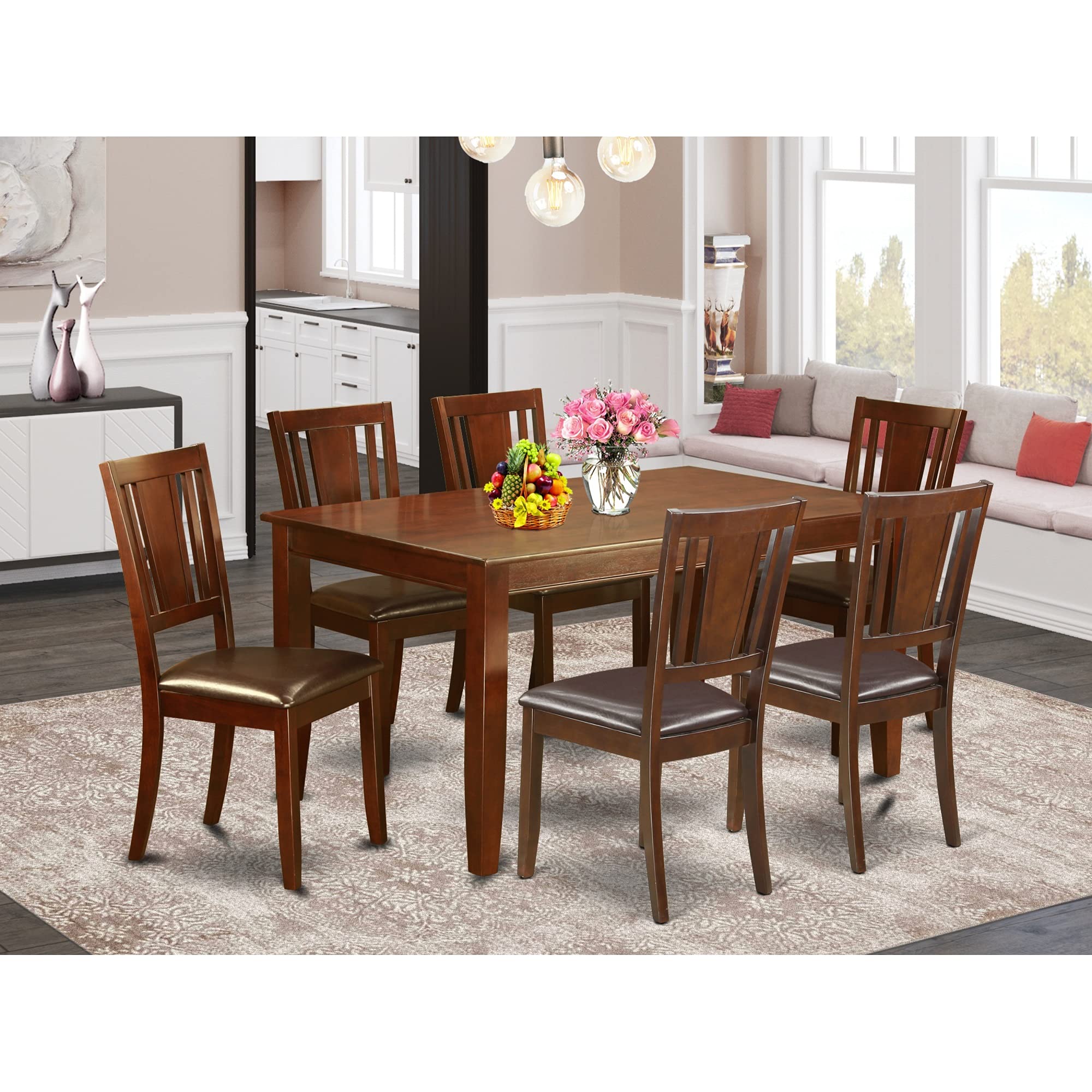 East West Furniture DUDL7-MAH-LC Dudley 7 Piece Modern Set Consist of a Rectangle Wooden Table and 6 Faux Leather Kitchen Dining Chairs, 36x60 Inch