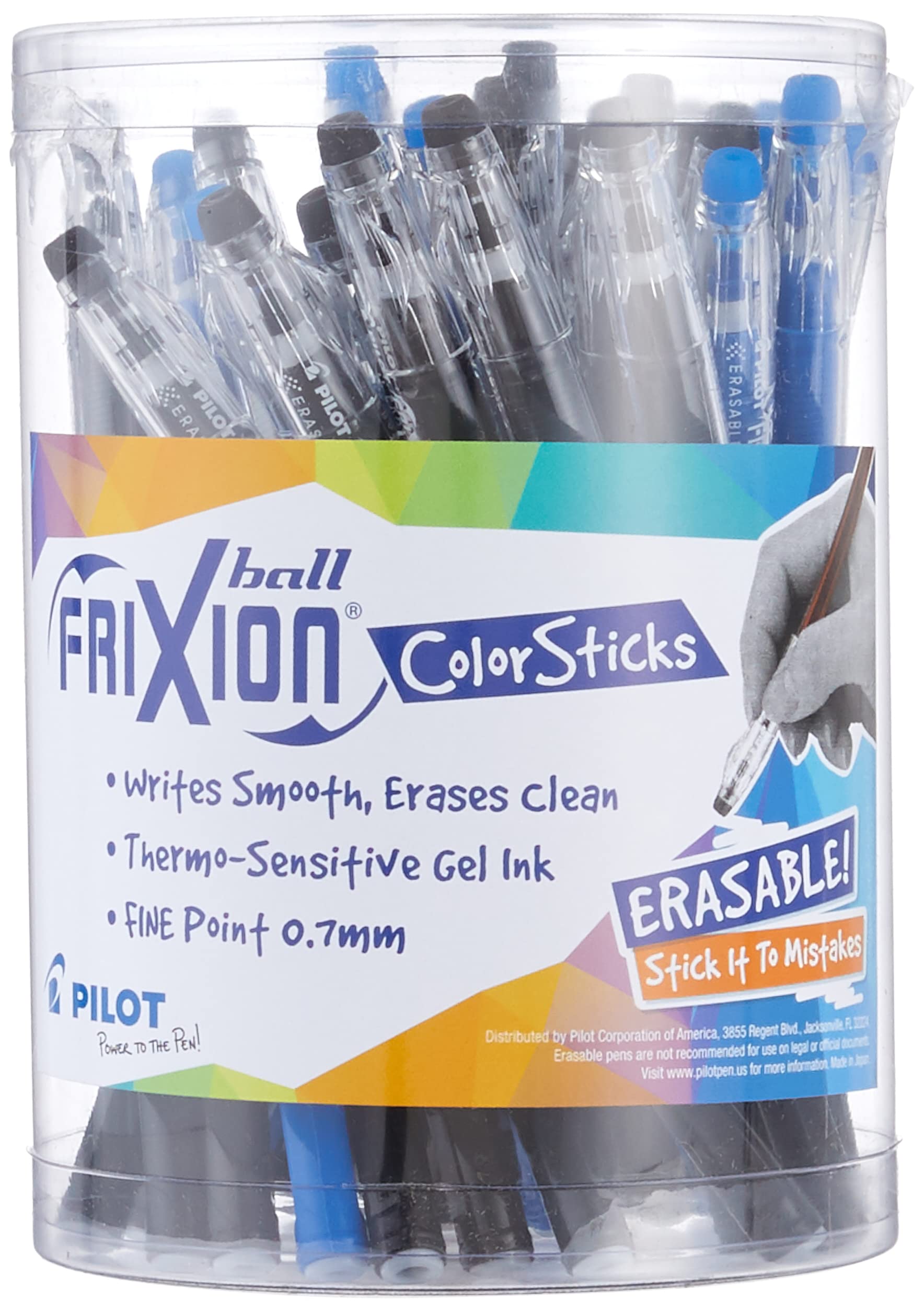 Pilot, Frixion Colorsticks Erasable Gel Ink Pens, Fine Point 0.7 Mm, Tub Of 36, 24 Black & 12 Blue