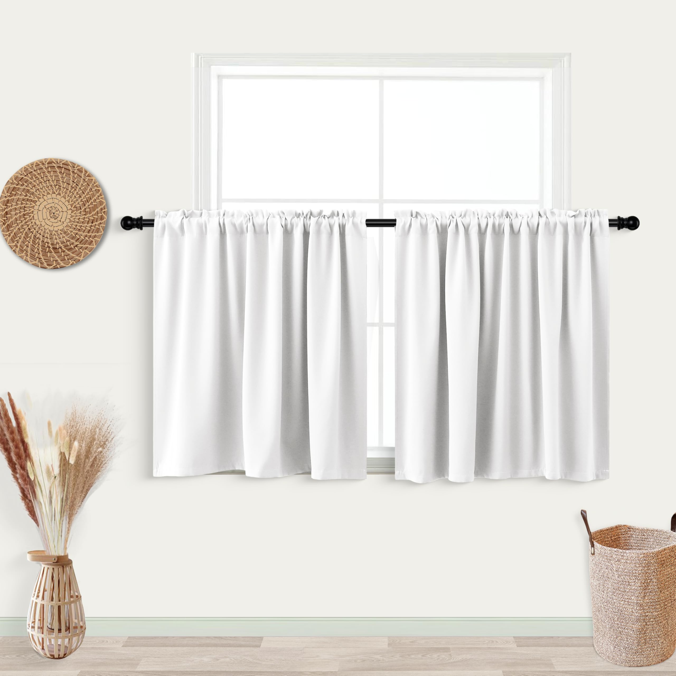 Koufall White Rod Pocket Blackout Tier Short Curtains 52X24 Inches Long