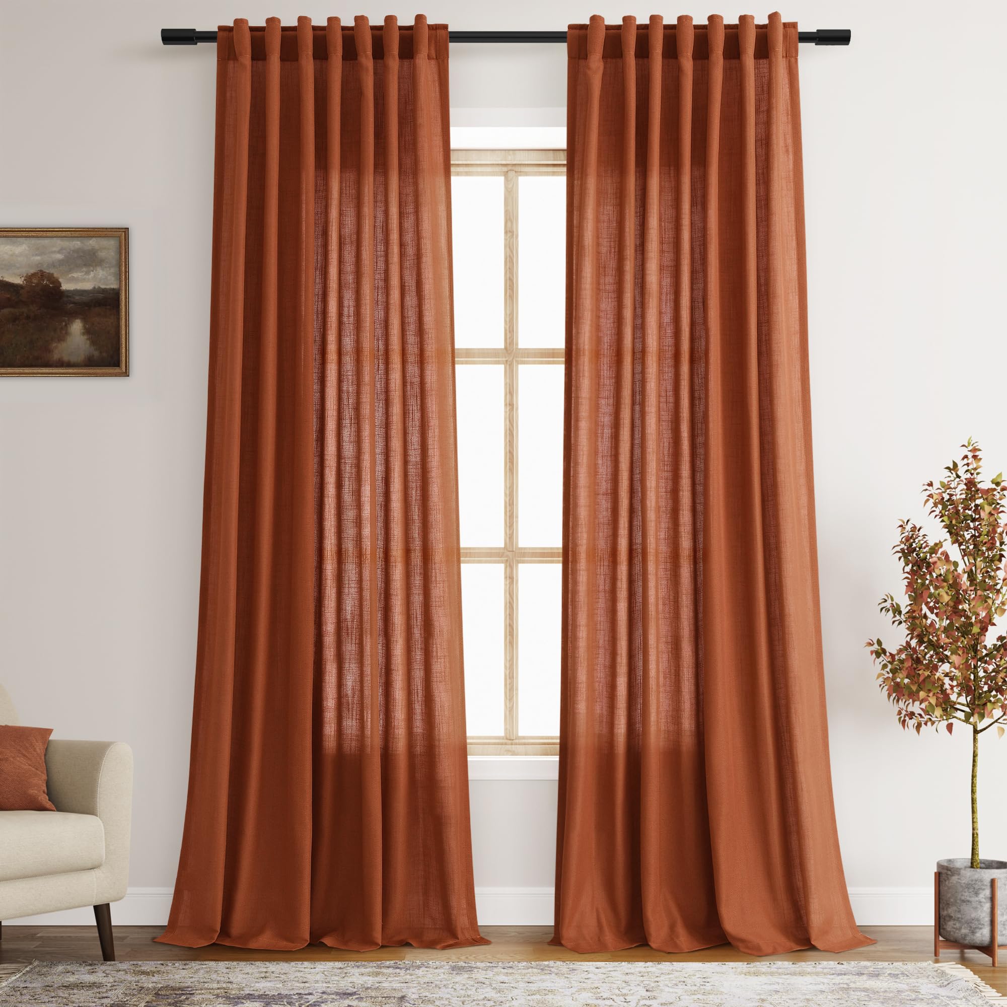 Linen Blend Terracotta Curtains 96 Inches Long 2 Panel Back Tab Rod Pocket Rustic Farmhouse Boho Curtains For Dining Room Semi S