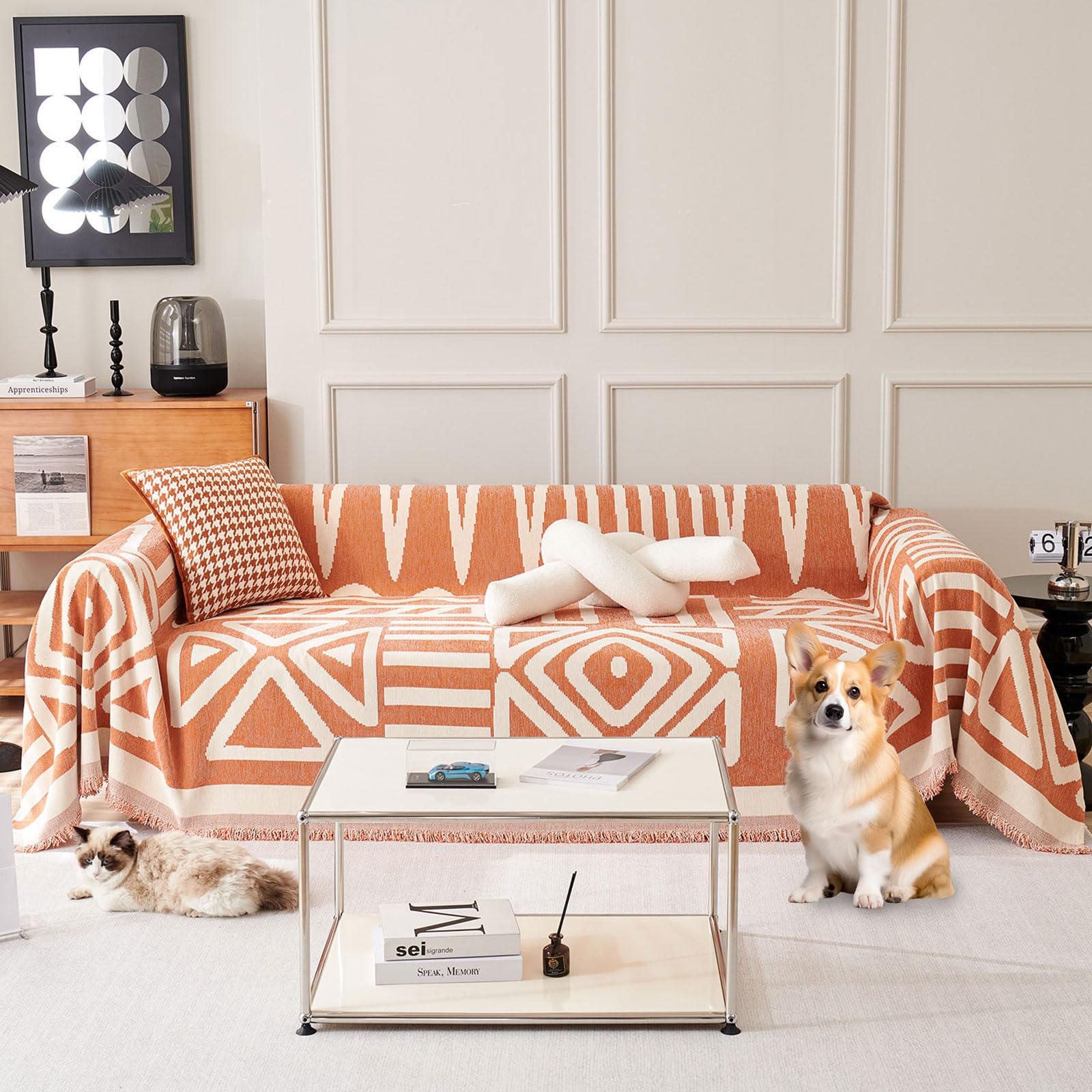 Roomlife Orange Boho Couch Cover For 3 Cushion Couch L Shape Sofa Covers For Sectional Sofa Reversible Silpcover For Dogs Washab