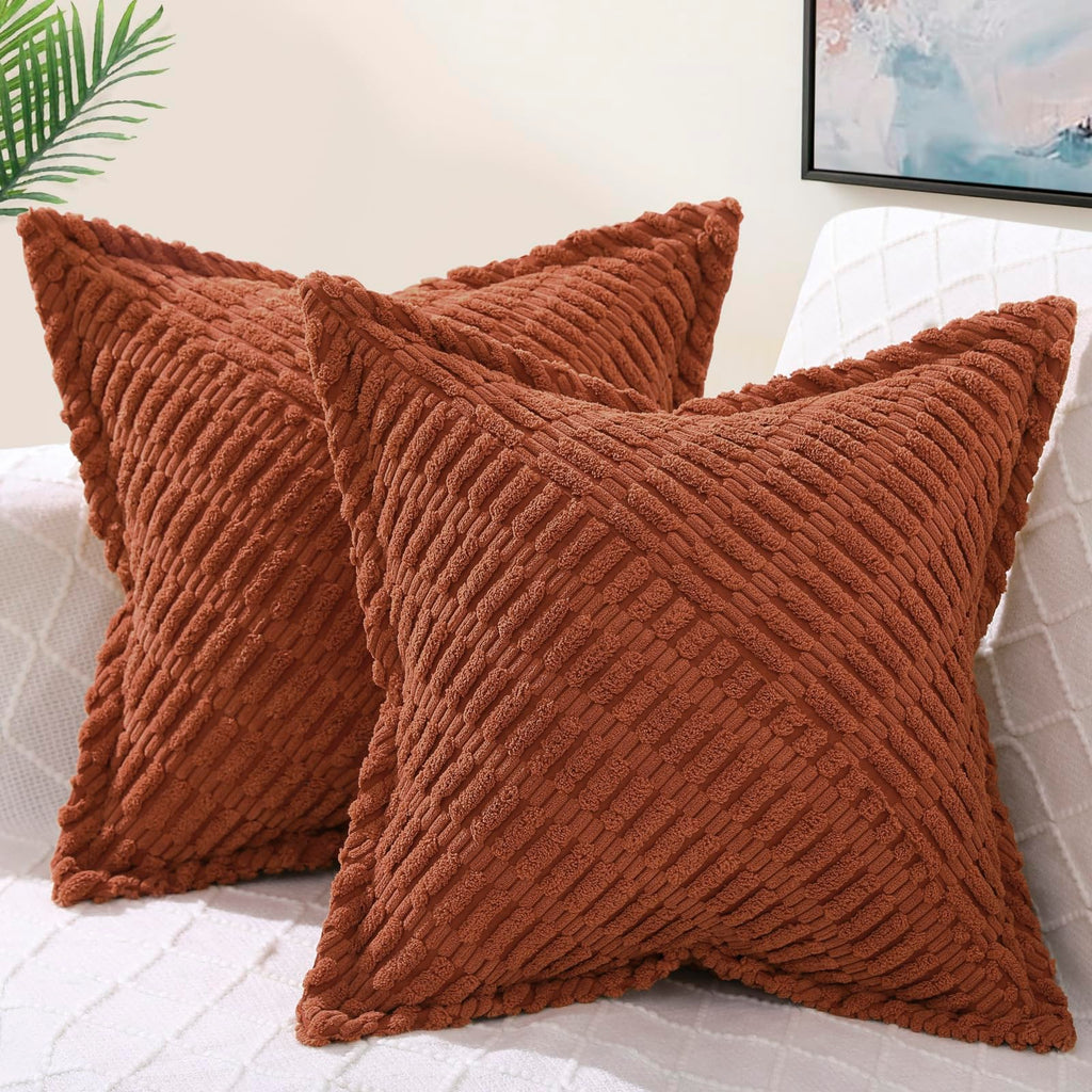 decorUhome Fall Decorative Rust Throw Pillow Covers 18x18 Set of 2 with Splicing, Boho Soft Corduroy Broadside Twill Pillow Cove