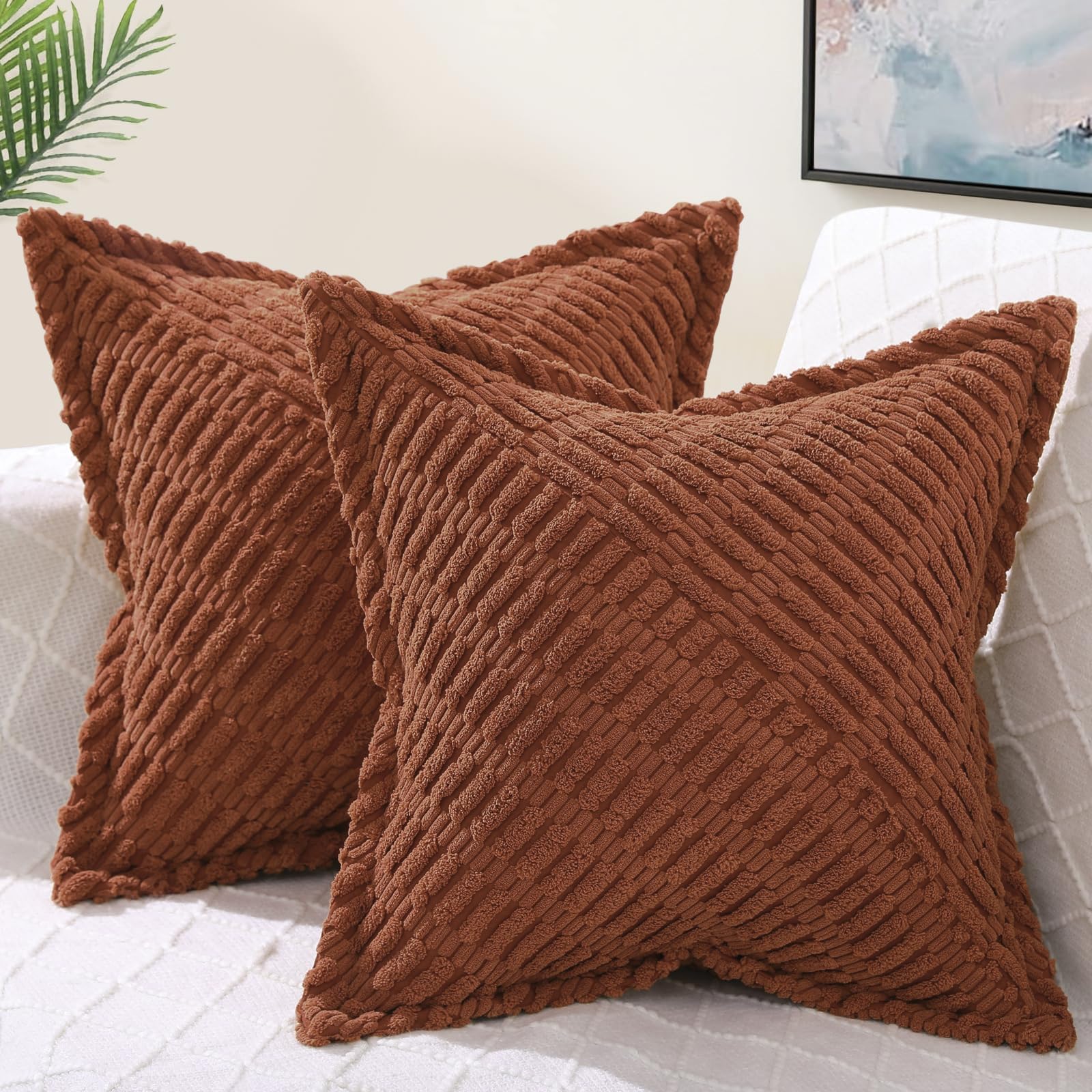 decorUhome Fall Decorative Rust Throw Pillow Covers 18x18 Set of 2 with Splicing, Boho Soft Corduroy Broadside Twill Pillow Cove