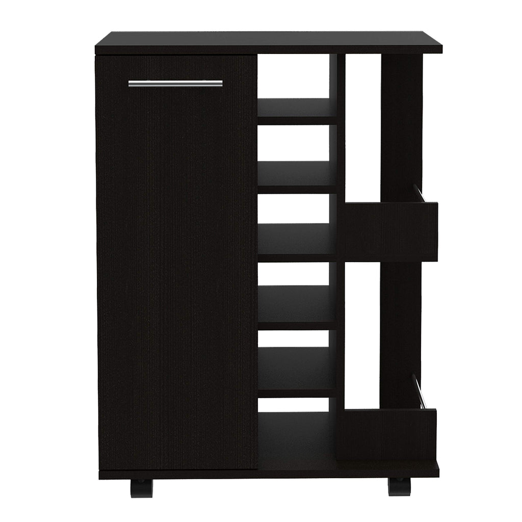 Depot E-Shop Magda Bar Cart with Four Casters, Six Built-in Wine Rack, Single Door Cabinet, and Two External Shelves, Black, Living Room