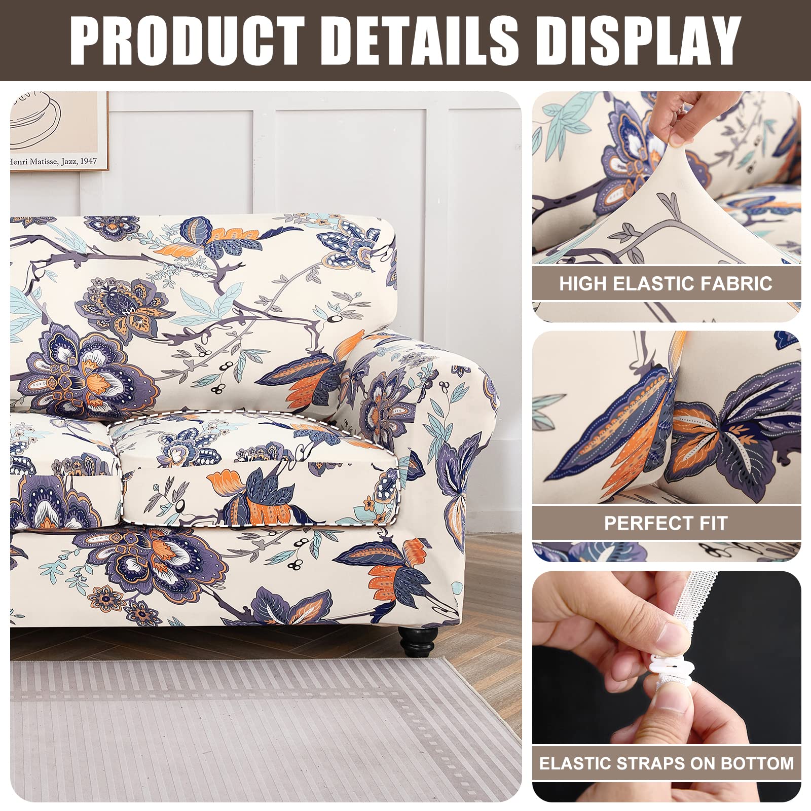 Searchi Stretch Sofa Cover Printed Couch Cover, Floral Pattern 4 Pieces Sofa Slipcover With 3 Separate Cushion Cover, Washable Furniture Protector For Living Room(Sofa, Flower Pattern)