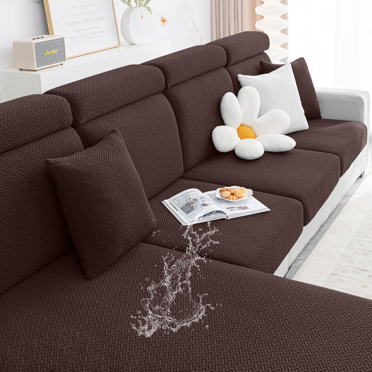 Smiry Waterproof Couch Cushion Covers, Stretch Jacquard Thick Sofa Cushion Covers, Washable Seat Cover Slipcover Elastic Furniture Protector For Pets, Kid (Large, Chocolate)