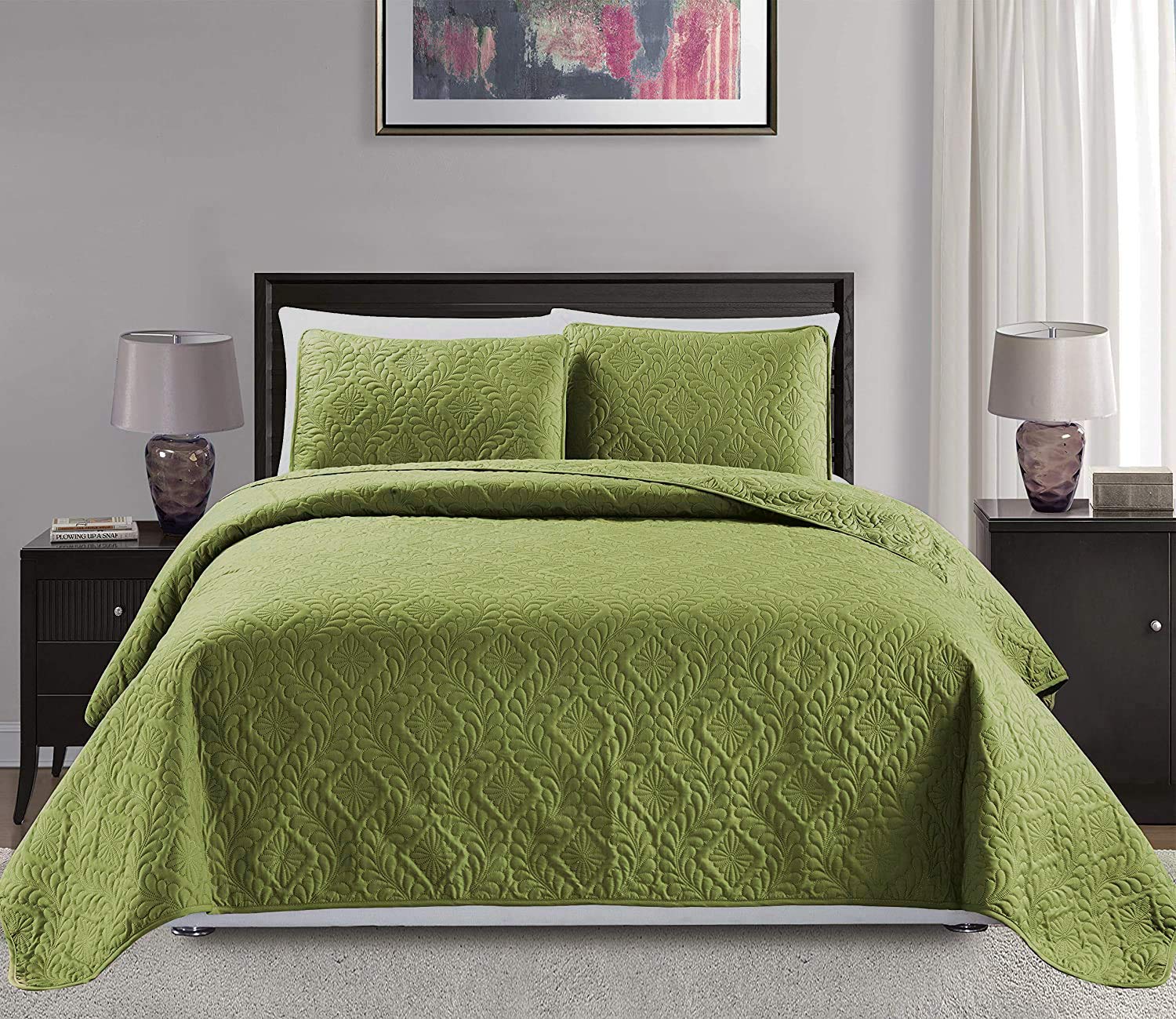 Mk Collection 3Pc Full/Queen Over Size Diamond Bedspread Bed Cover Embossed Solid Sage Green New