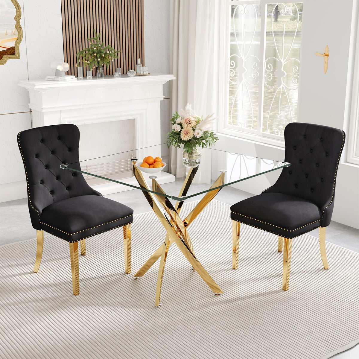 Af Artisan Furniture 36' Square Glass Dining Table Set For 2, 3-Piece Modern Kitchen Table With 2 Black Velvet Chairs, Modern C