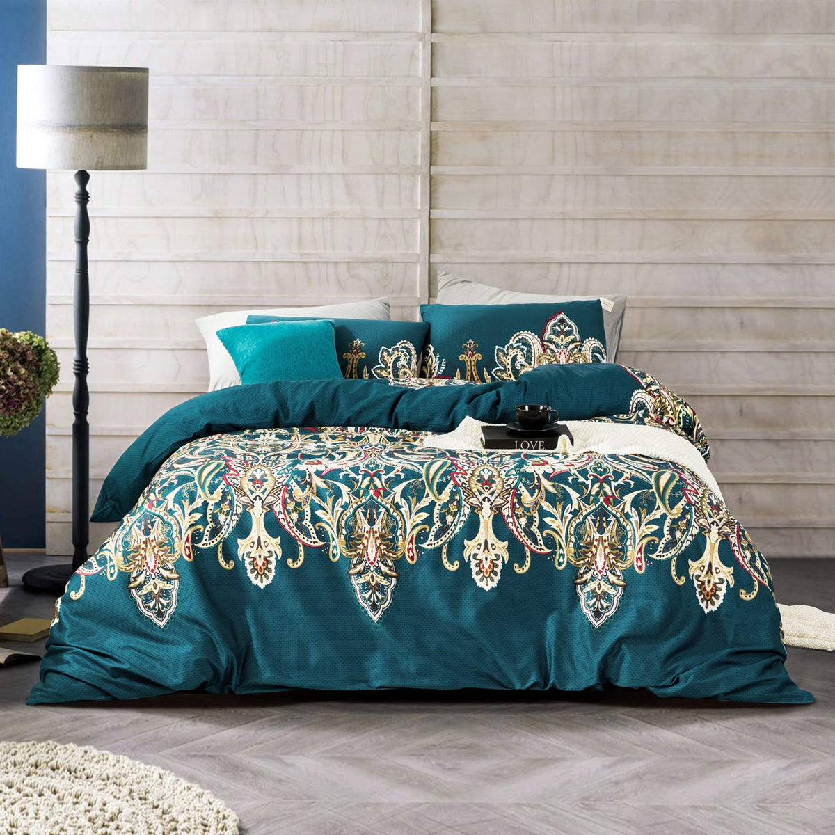Yuheguoji Teal Damask Duvet Cover King 100% Egyptian Cotton Beige Paisley Duvet Cover 3 Pcs Set 1 Southwestern Mandala Floral Du