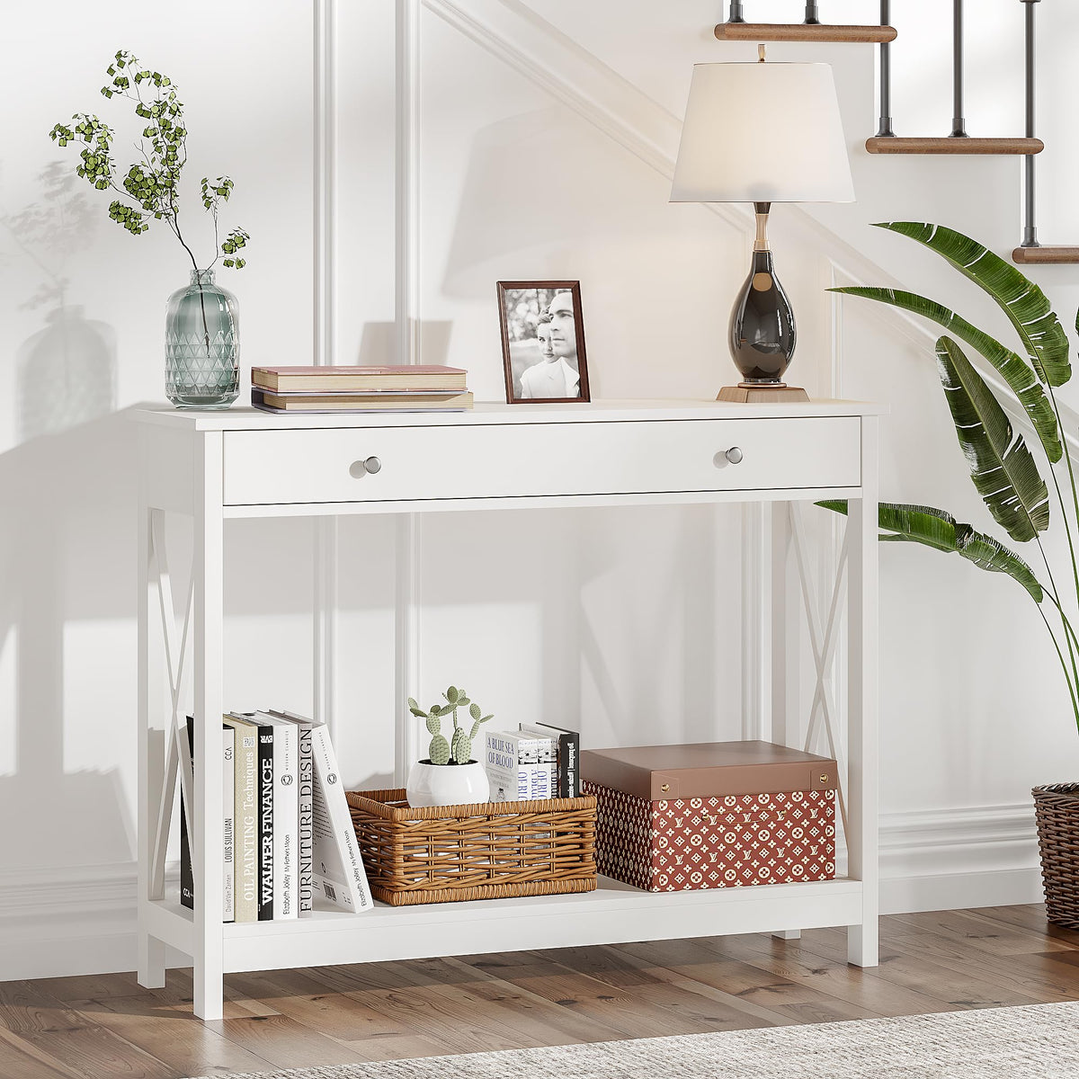 Treocho White Console Table With Drawer And Storage Shelves, Foyer Sofa Table Narrow For Entryway, Living Room, Hallway