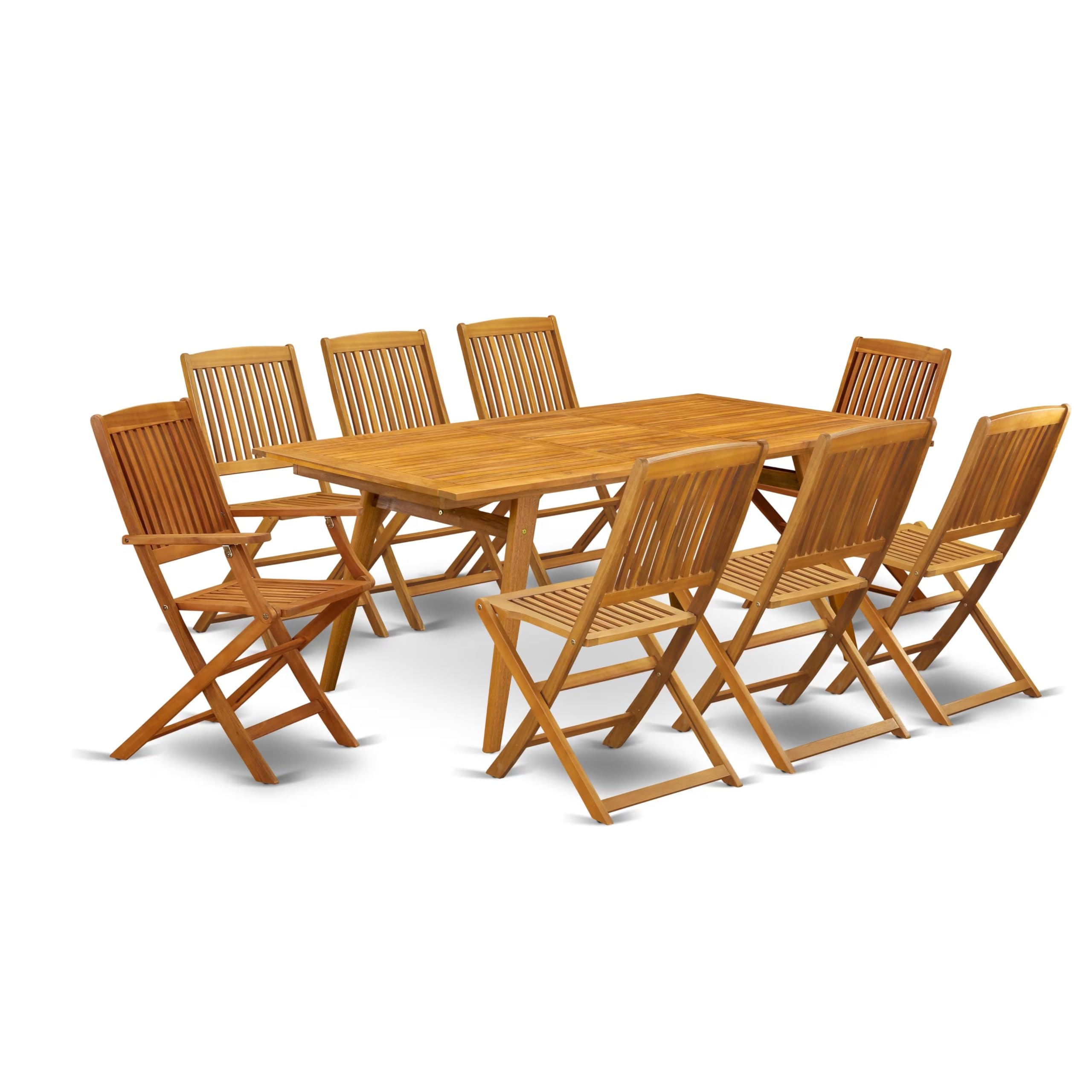 East West Furniture Decm92Cana 9 Piece Patio Garden Table Set Includes A Rectangle Outdoor Acacia Wood Dining Table And 2 Folding Arm Chairs With 6 Side Chairs, 40X72 Inch, Natural Oil