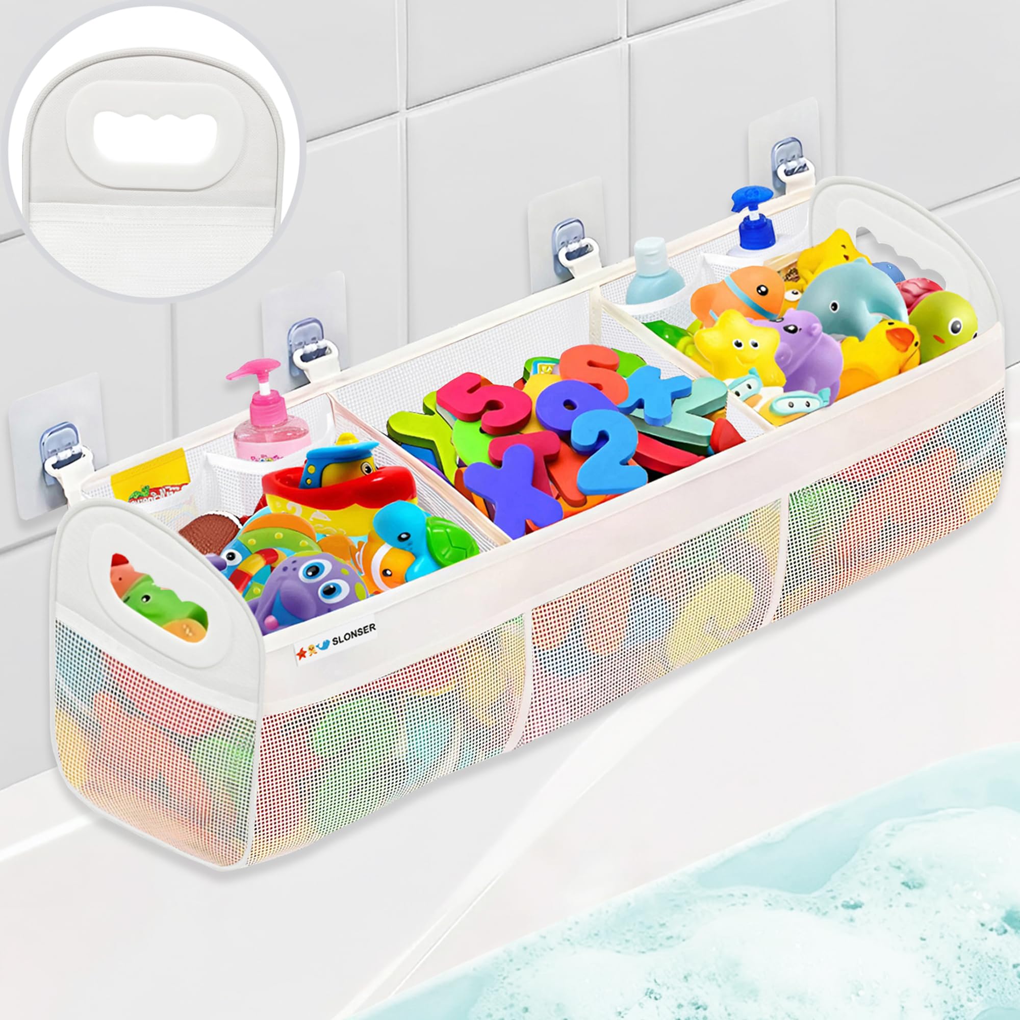 Bath Toy Storage for Bathtub - Large Bath Toy Holder & Bath Toy Net, Kids Bathtub Toy Storage Bag Organizer with 6 Strong Adhesi