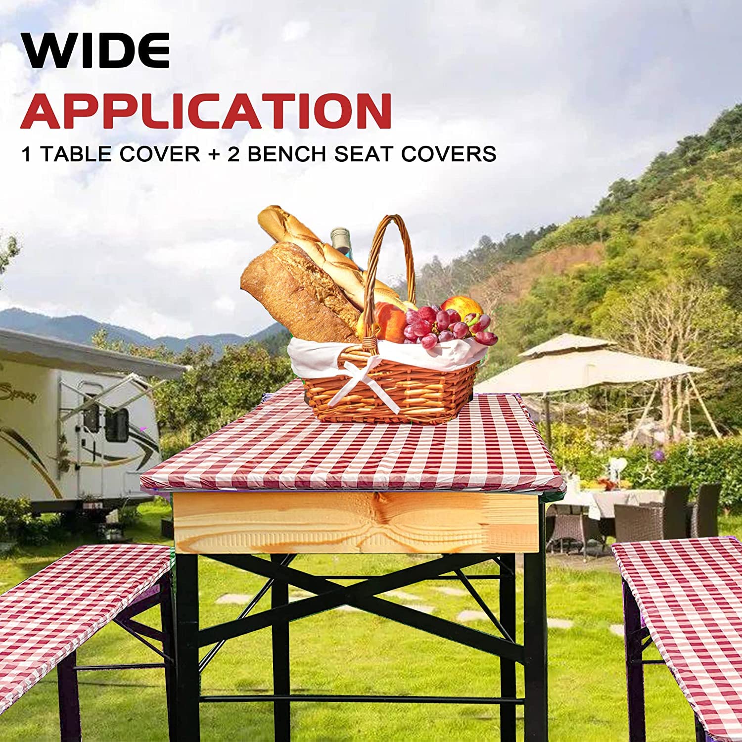 Bealy Picnic Table Covers With Bench Cover Vinyl Tablecloth 96'X30', 8 Foot Tables Fitted Table Cover 3 Set Flannel Backing Elastic Edge Waterproof Wipeable Plastic Covers,Indoor Outdoor Patio