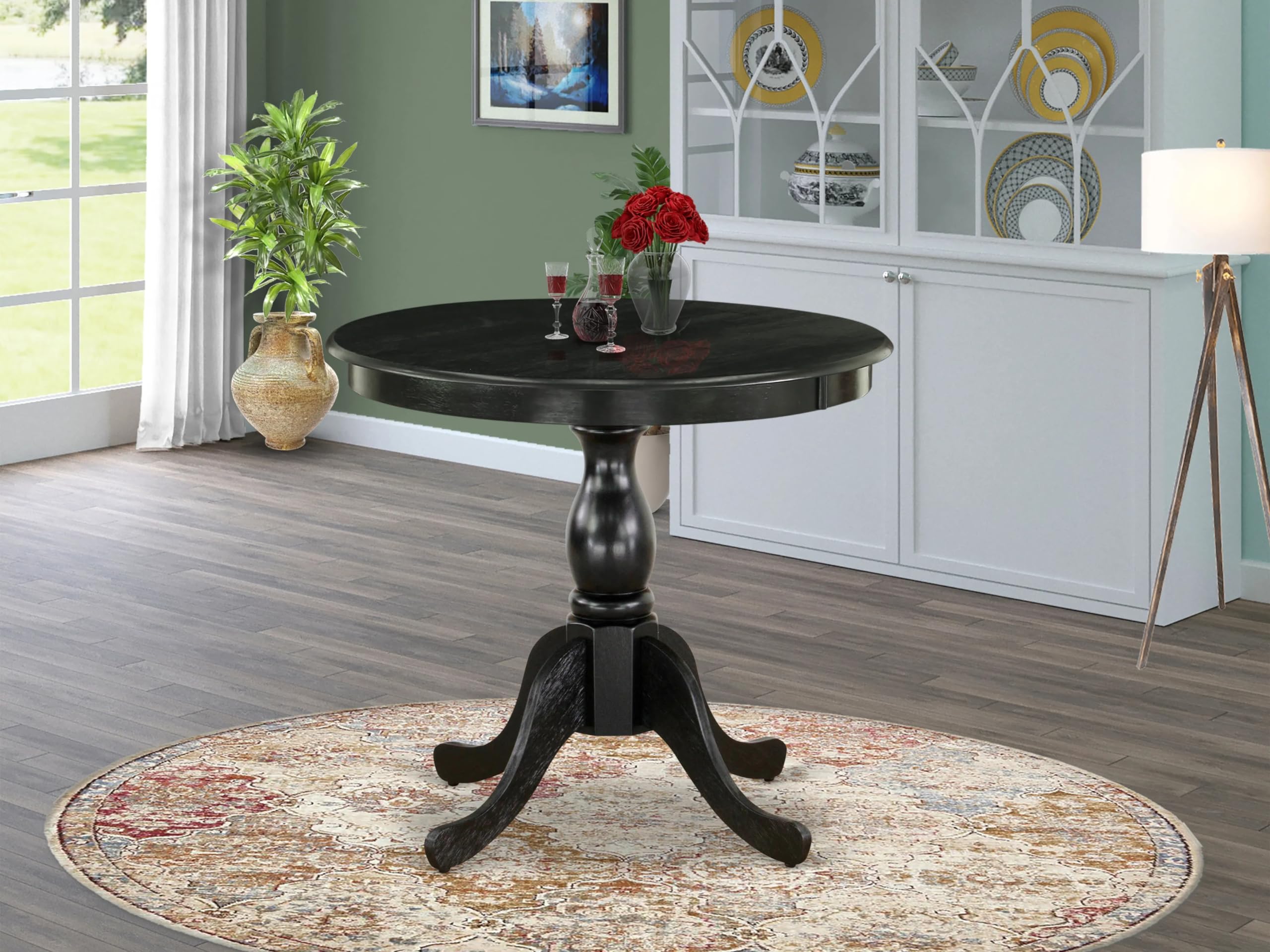 East West Furniture Ast-Blk-Tp Antique Modern Kitchen Table - A Round Dining Table Top With Pedestal Base, 36X36 Inch, Multi-Color