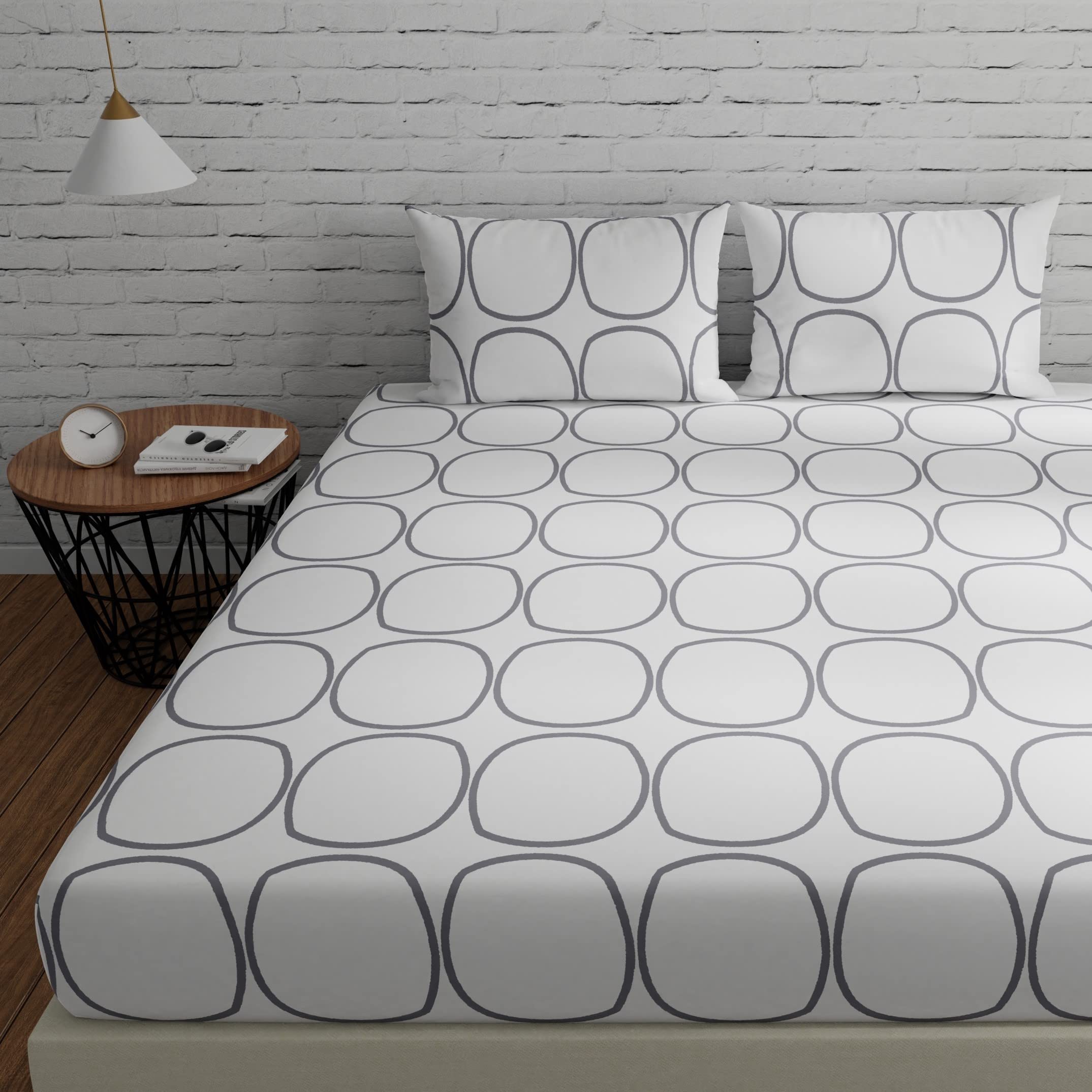 Huesland By Ahmedabad Cotton 144 Tc Bedsheet For King Size Bed With 2 Pillow Covers | 108 By 108 Inch | White (Grey Circles)