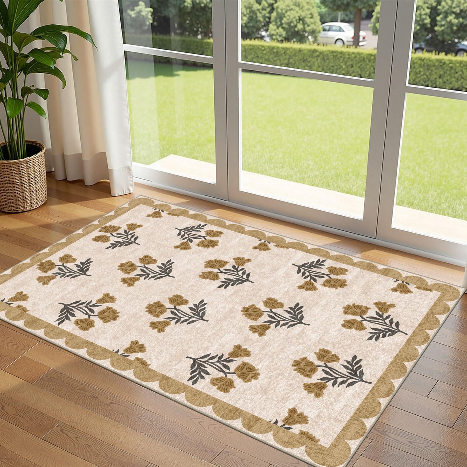 Othilic 3x5 Floral Entry Rug - Small Washable Indoor Outdoor Mats for Front Door Non-Slip Porch Rug Beige Vintage Farmhouse Thro