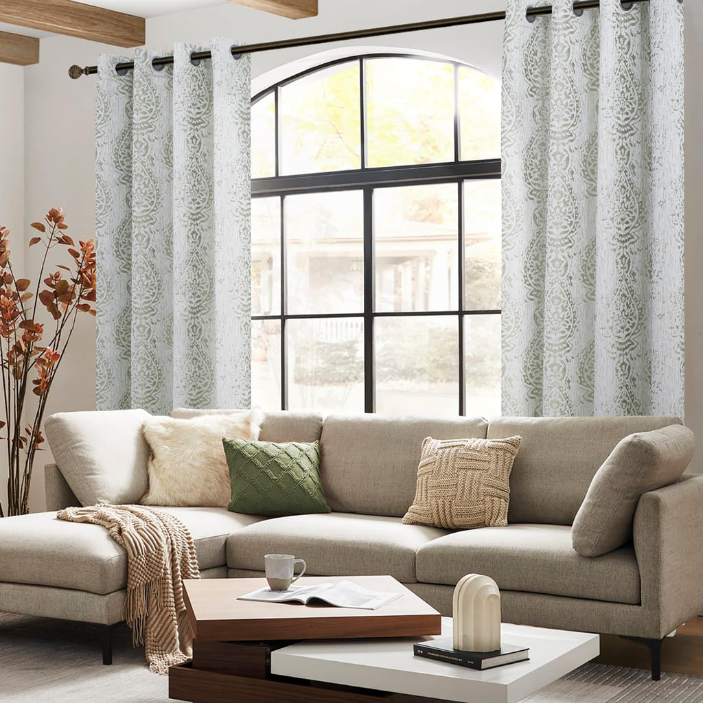 Sage Green Curtains 84 Inches Long For Living Room Light Filtering Distressed Damask Pattern Room Darkening Window Curtain Drapes For Bedroom,Set Of 2 Panels,Light Green And Greyish Cream 84 In Length