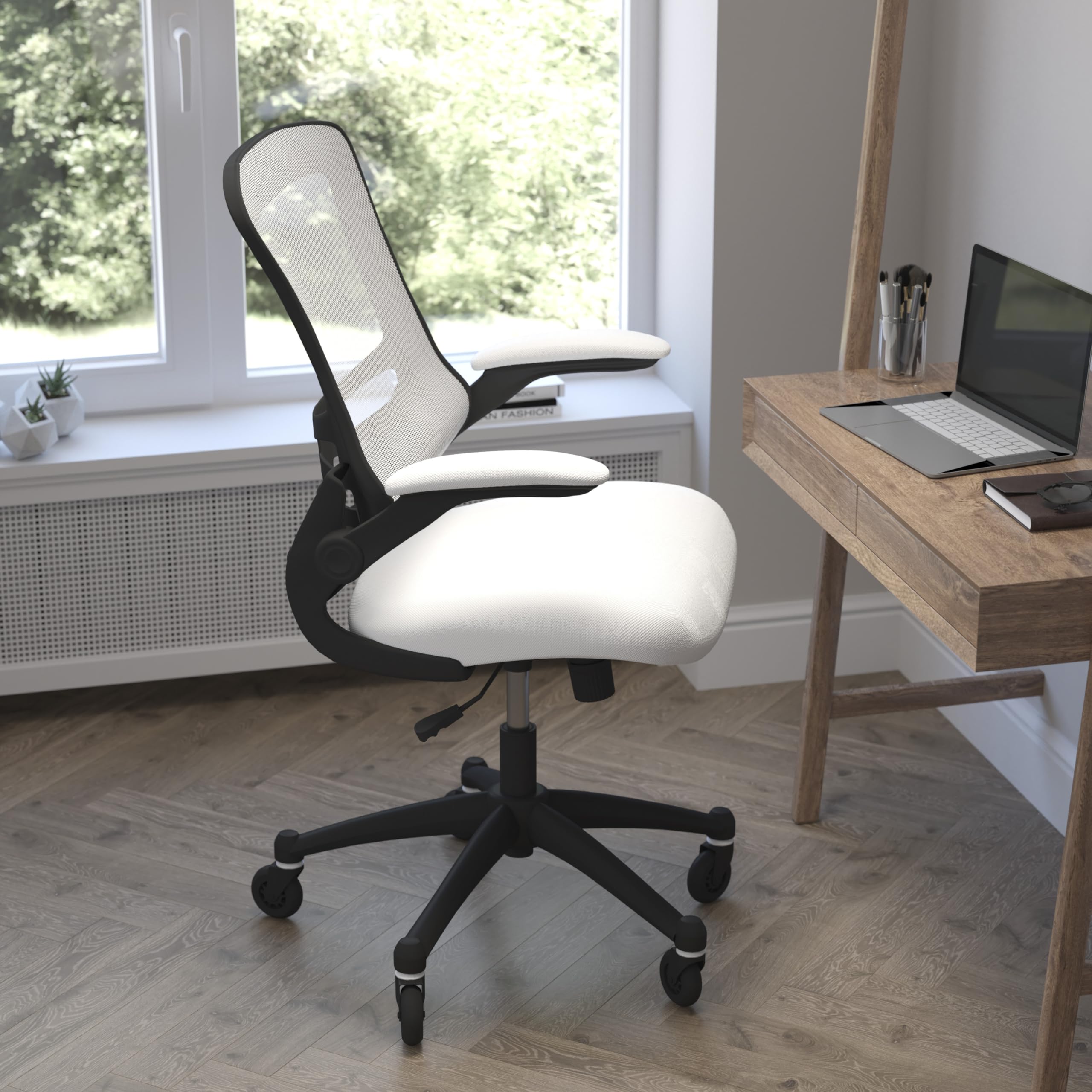 Flash Furniture Kelista Mid-Back White Mesh Swivel Ergonomic Task Office Chair With Flip-Up Arms And Transparent Roller Wheels
