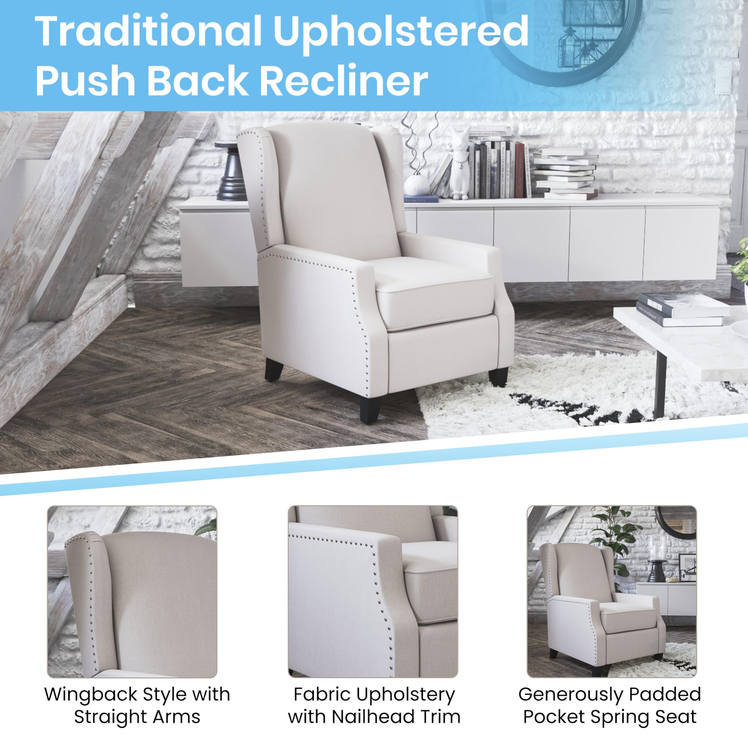 Flash Furniture Prescott Slim Wingback Recliner - Thumbnail 4