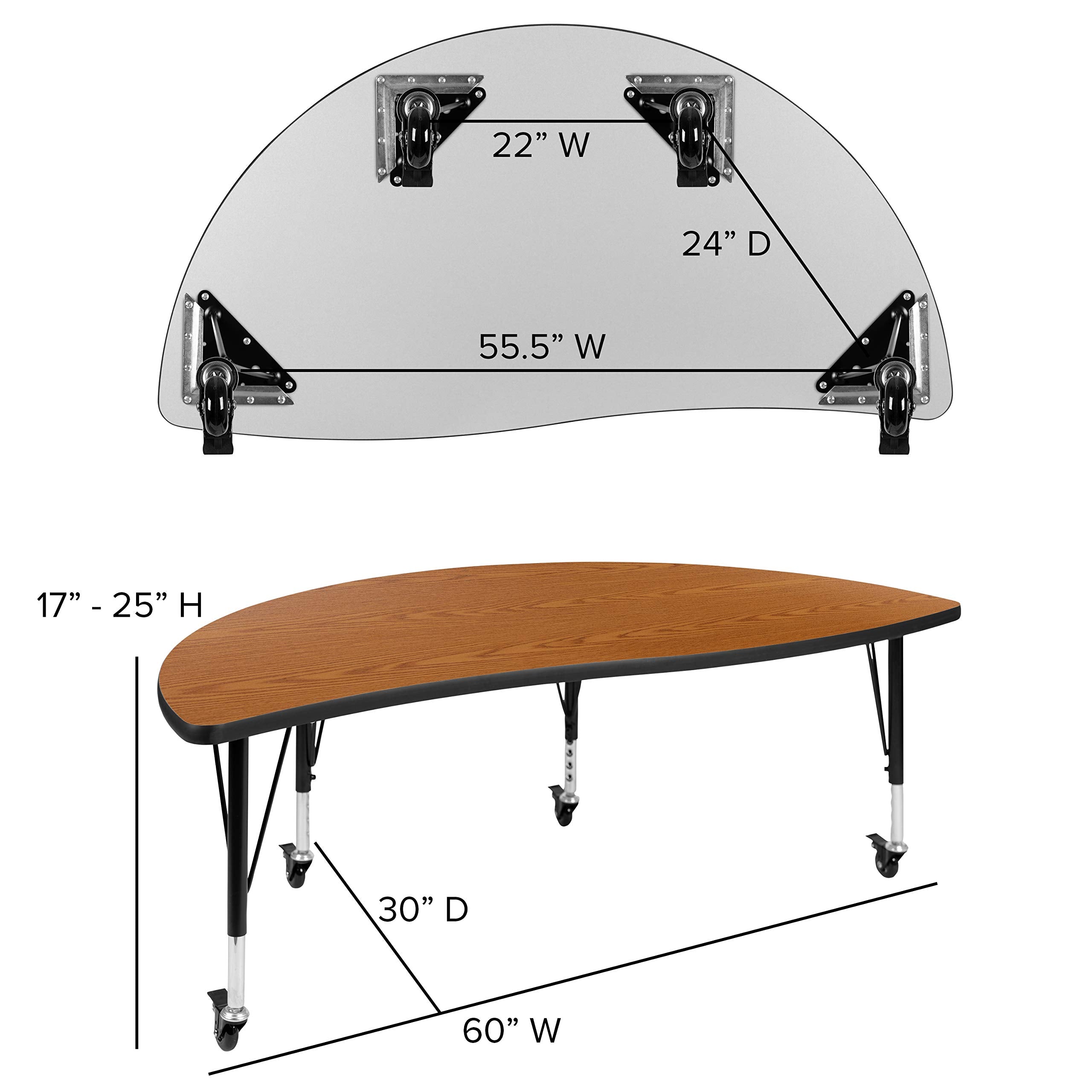 Flash Furniture Mobile 60' Half Circle Wave Collaborative Oak Thermal Laminate Activity Table - Height Adjustable Short Legs