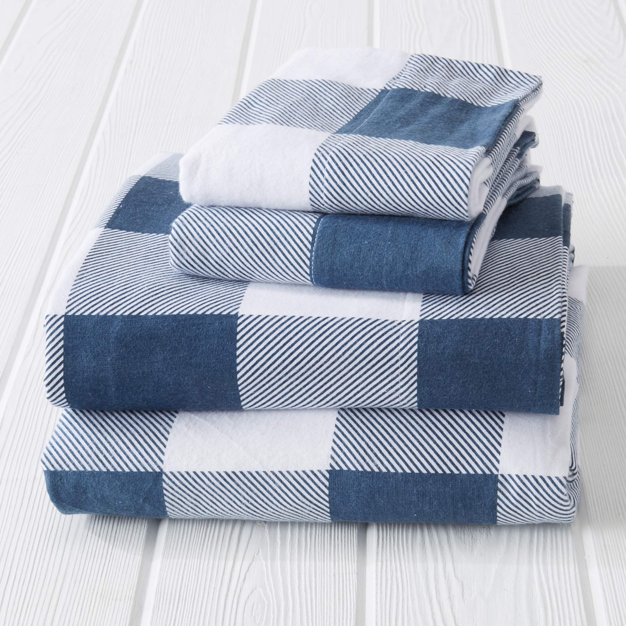 Great Bay Home 4 Piece 100% Turkish Cotton California King Navy Printed Flannel Sheets Set | Deep Pocket, Soft Sheets | Warm, Do
