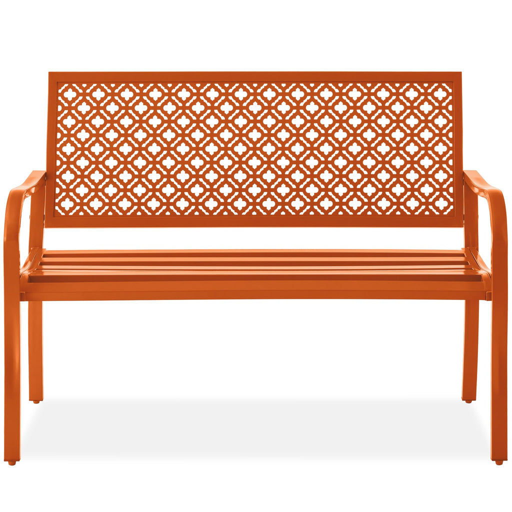 Best Choice Products Outdoor Bench 2-Person Metal Steel Benches Furniture For Garden, Patio, Porch, Entryway W/Geometric Backrest, 790Lb Capacity - Carrot