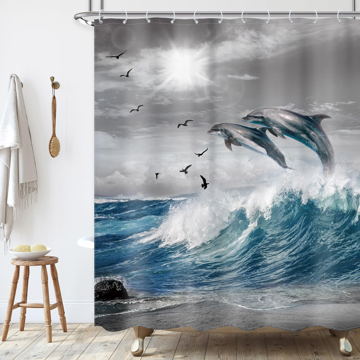 Ufeela Ocean Beach Dolphin Shower Curtain Coastal Summer Blue Sea Waves Sealife Nautical Animal Cool Sunset Nature Scenic 60Wx72