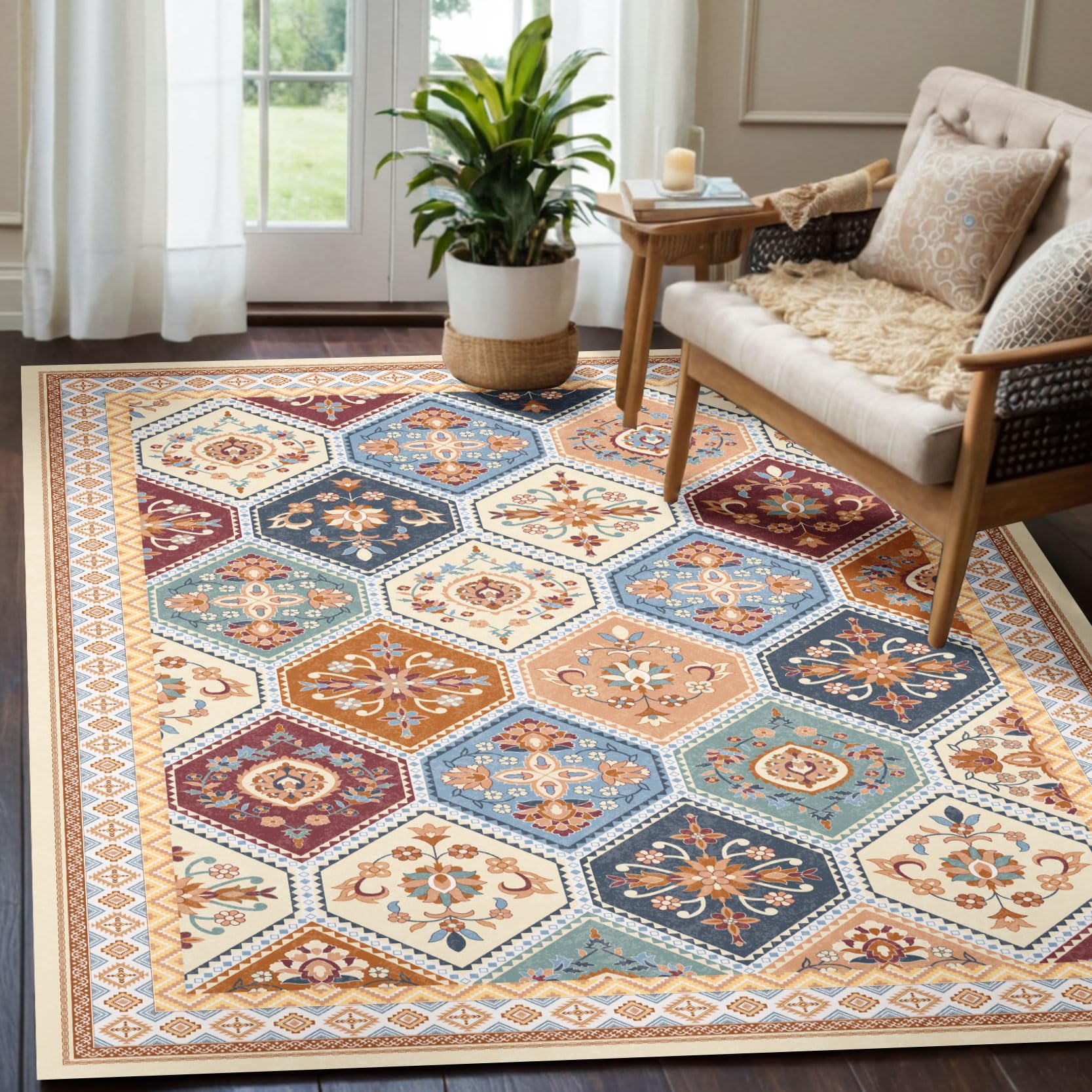 TTelephant Moroccan Trellis Living Room Rug - 5x7 Washable Area Rug with Non-Slip Backing Low-Pile 5x7 Rugs for Living Room Bedr