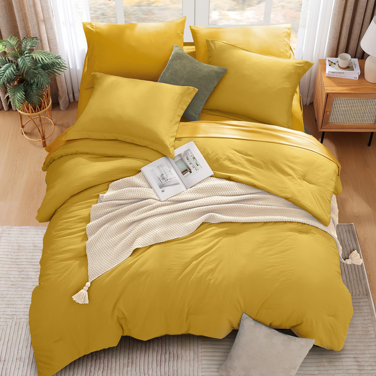 Wrensonge Mustard Yellow King Comforter Set, 7 Pieces Soft Microfiber King Size Comforter With Fitted Sheet, Flat Sheet 2 Pillow