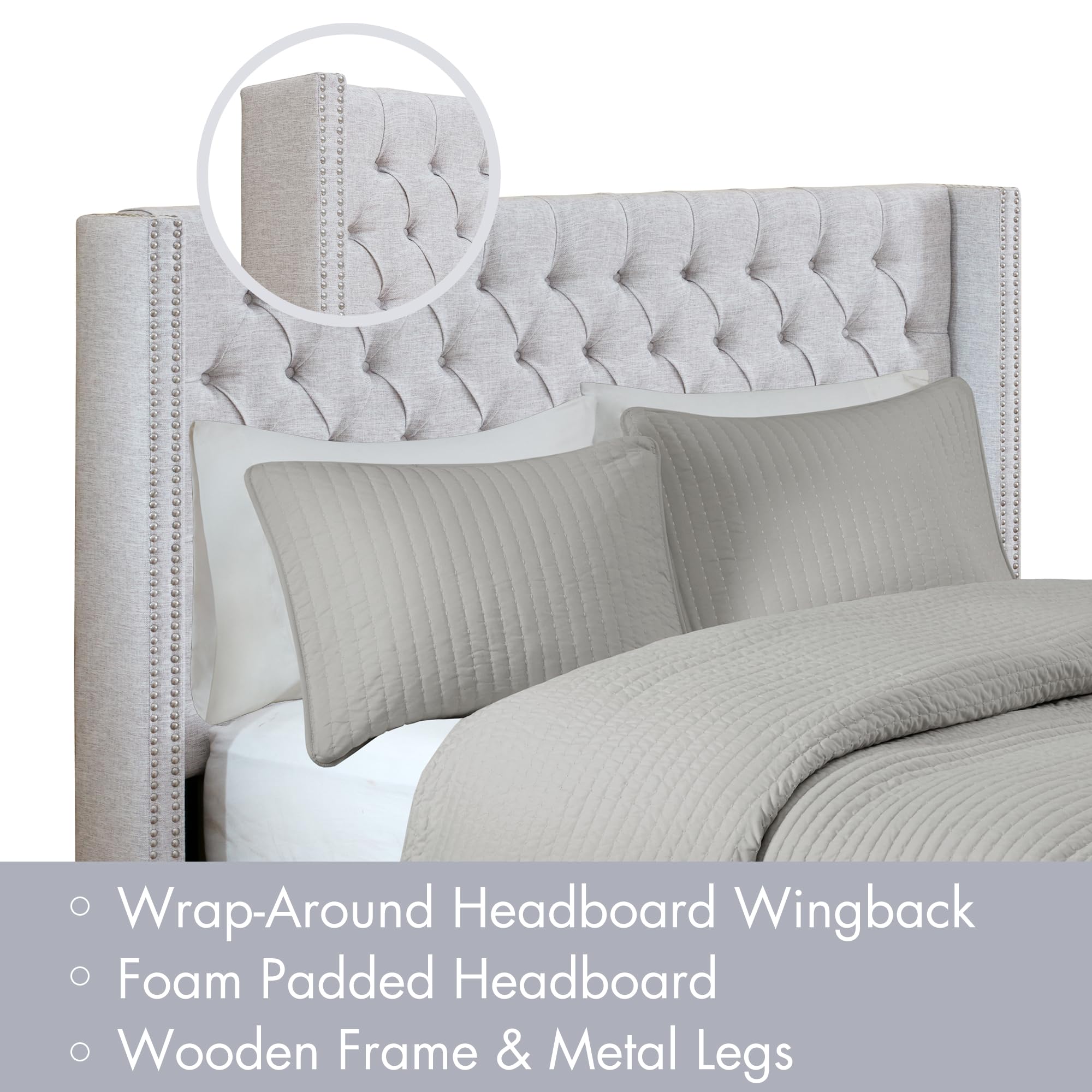 Madison Park Amelia Upholstered Headboard | Nail Head Trim Wingback Button Tufted | King, Grey