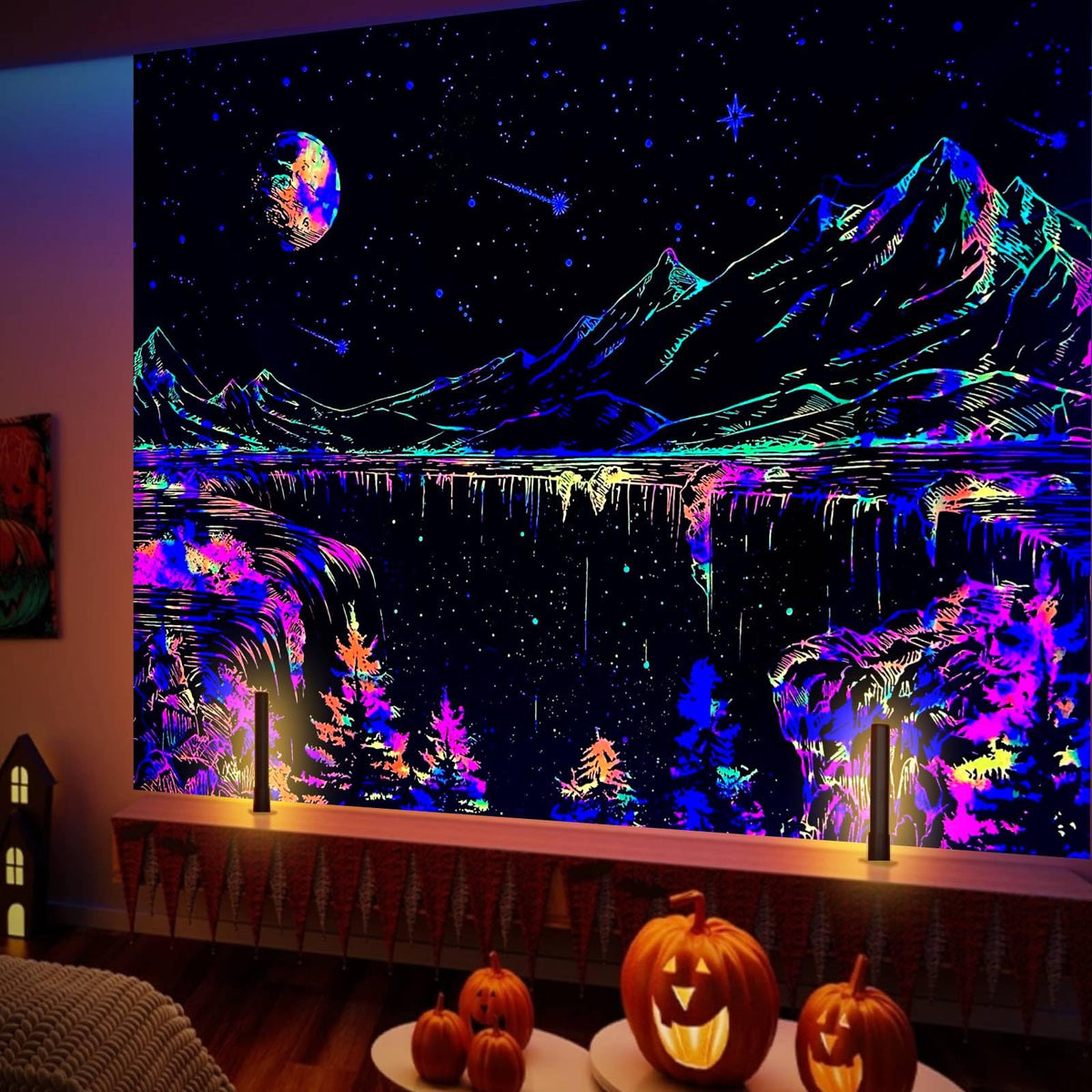 Large Blacklight Mountains Tapestry For Bedroom Aesthetic 71'X90' Big Space Moon And Stars Starry Night Wall Tapastries Nature