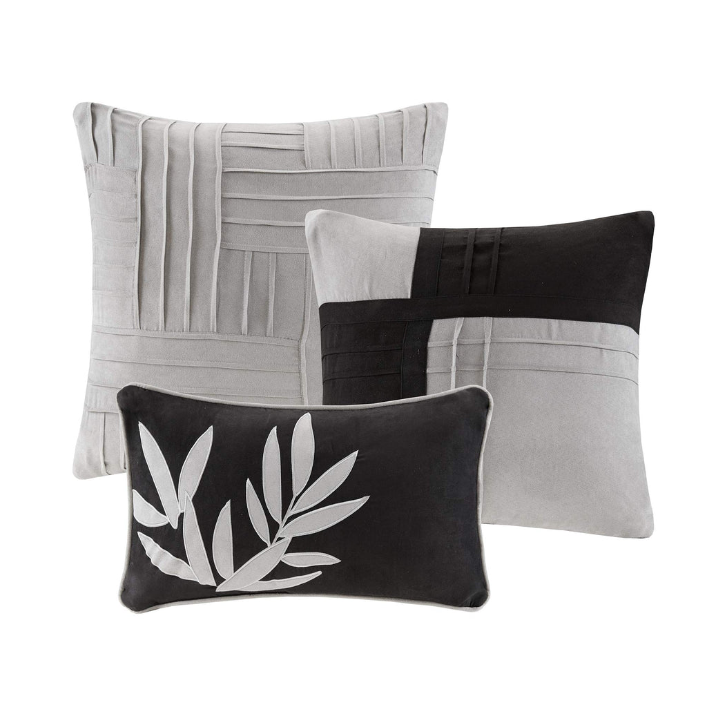 Madison Park Cozy Comforter Set Casual Blocks Design All Season, Matching Bed Skirt, Decorative Pillows, Queen(90'X90'), Dune Suede, Black Grey, 7 Piece