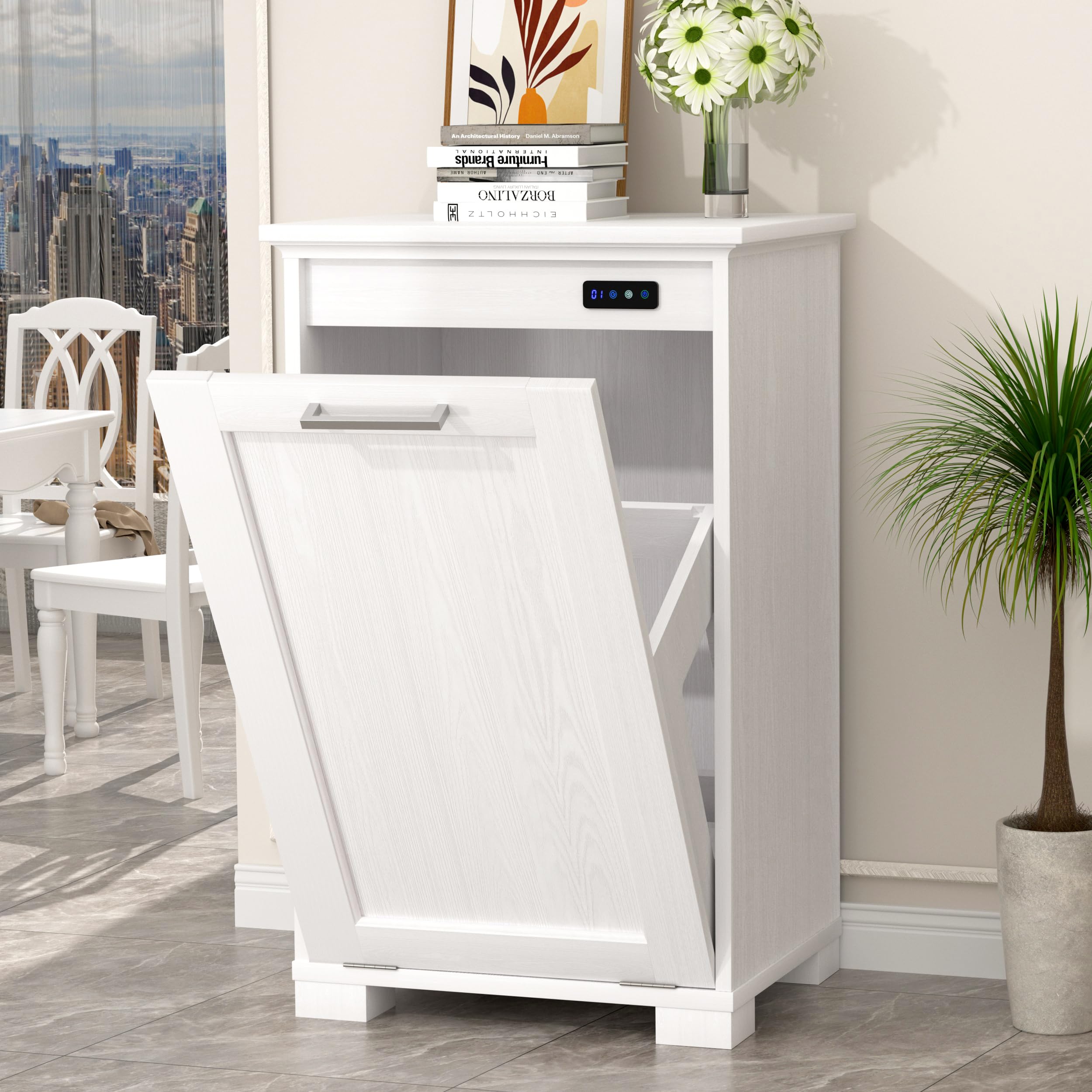 Ymise Tilt Out Trash Cabinet, 10-Gallon Trash Can Cabinet with Deodorising Function, Wooden Freestanding Garbage Can for Home an