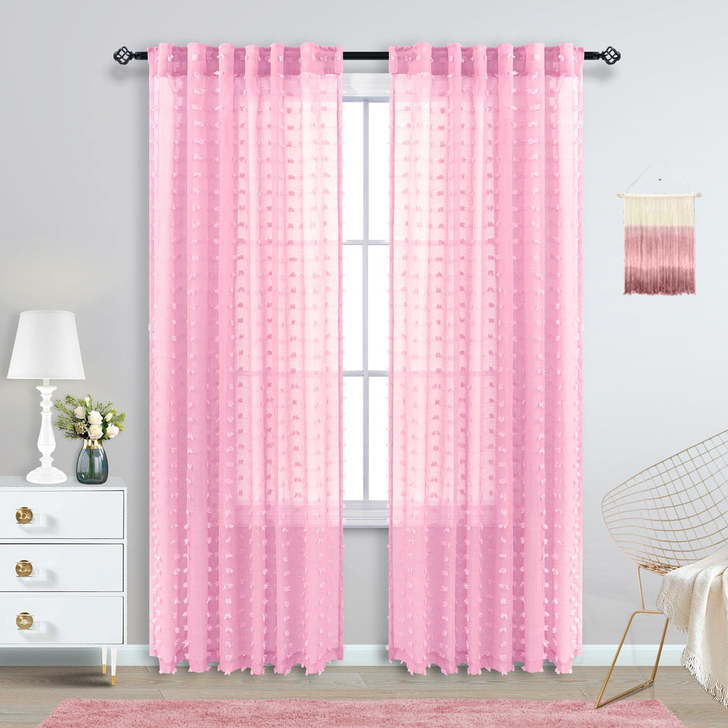 Koufall Light Pink Sheer Curtains 2 Panels,Bow Floral Pom Pom Boho Lace Coquette Curtains For Nursery Kids Girls Room Bedroom Closet,84 Inches Long,Baby Pink