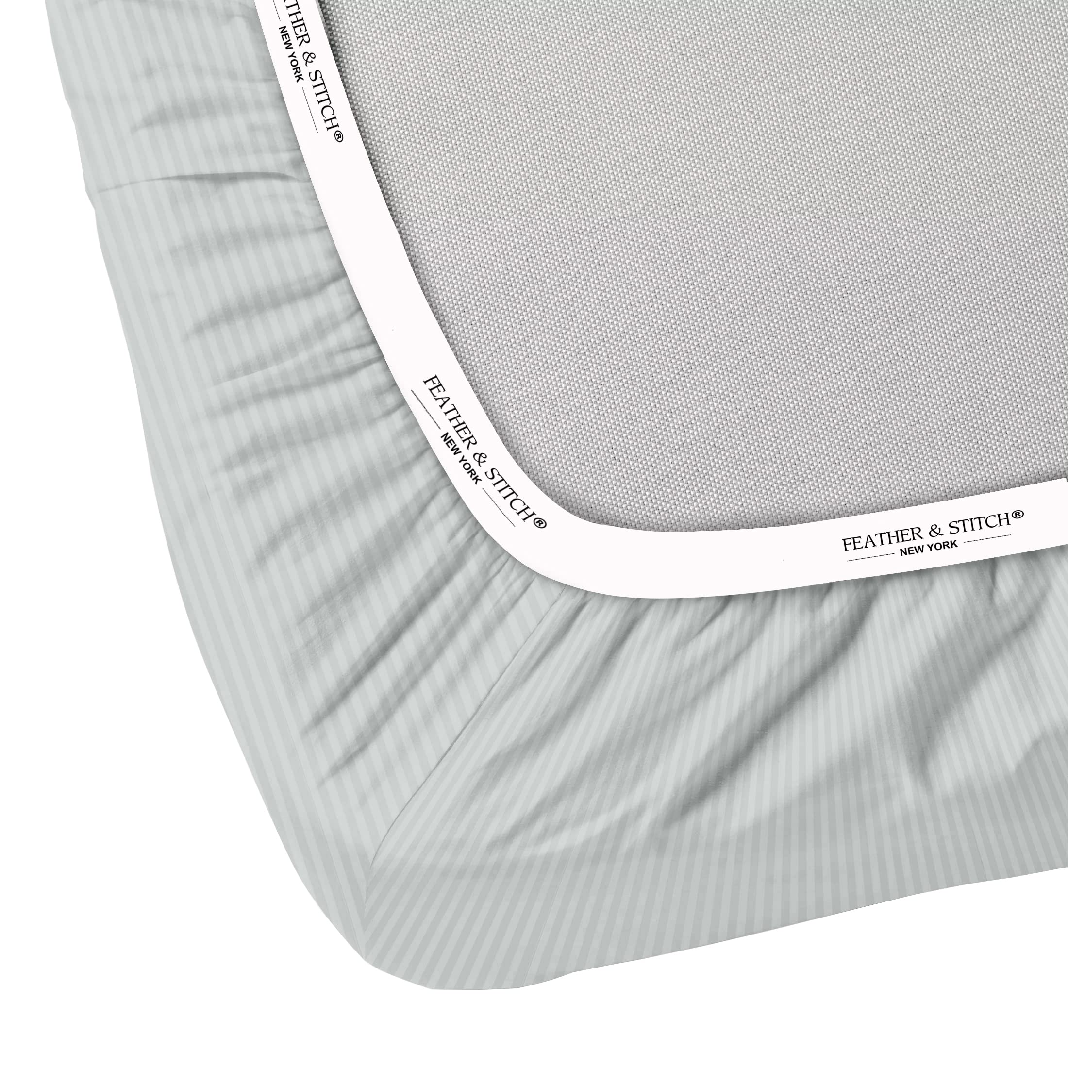 Feather & Stitch 100% Cotton 1 Piece Damask Stripe Full Fitted Sheet 500 Thread Count Blue Blush 18 Inch Extra Deep Pocket Luxury Sateen Weave Stretchable Elastic Fits Mattress Perfectly