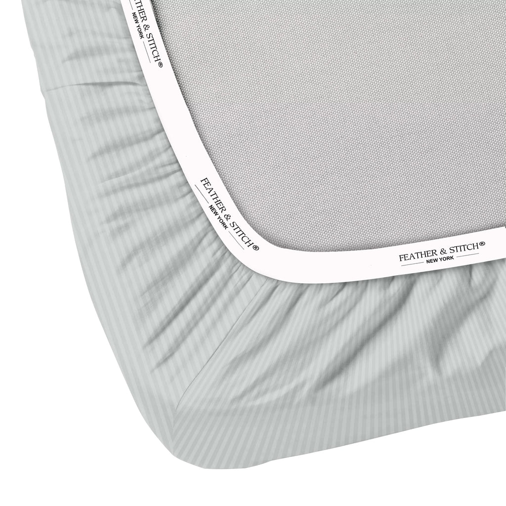 Feather & Stitch 100% Cotton 1 Piece Damask Stripe Queen Fitted Sheet 500 Thread Count Blue Blush 18 Inch Extra Deep Pocket Luxury Sateen Weave Stretchable Elastic Fits Mattress Perfectly