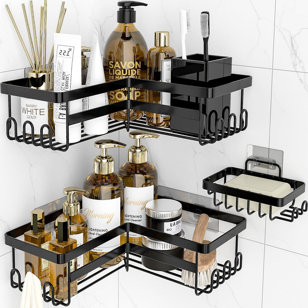 StorageRight Corner Shower Caddy, 3 Pack Adhesive Bathroom Accessories with Soap Holder, Storage Stainless Shower Organizer Shel