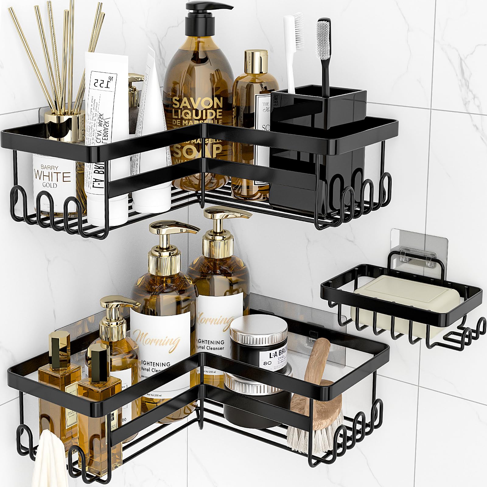 StorageRight Corner Shower Caddy, 3 Pack Adhesive Bathroom Accessories with Soap Holder, Storage Stainless Shower Organizer Shel