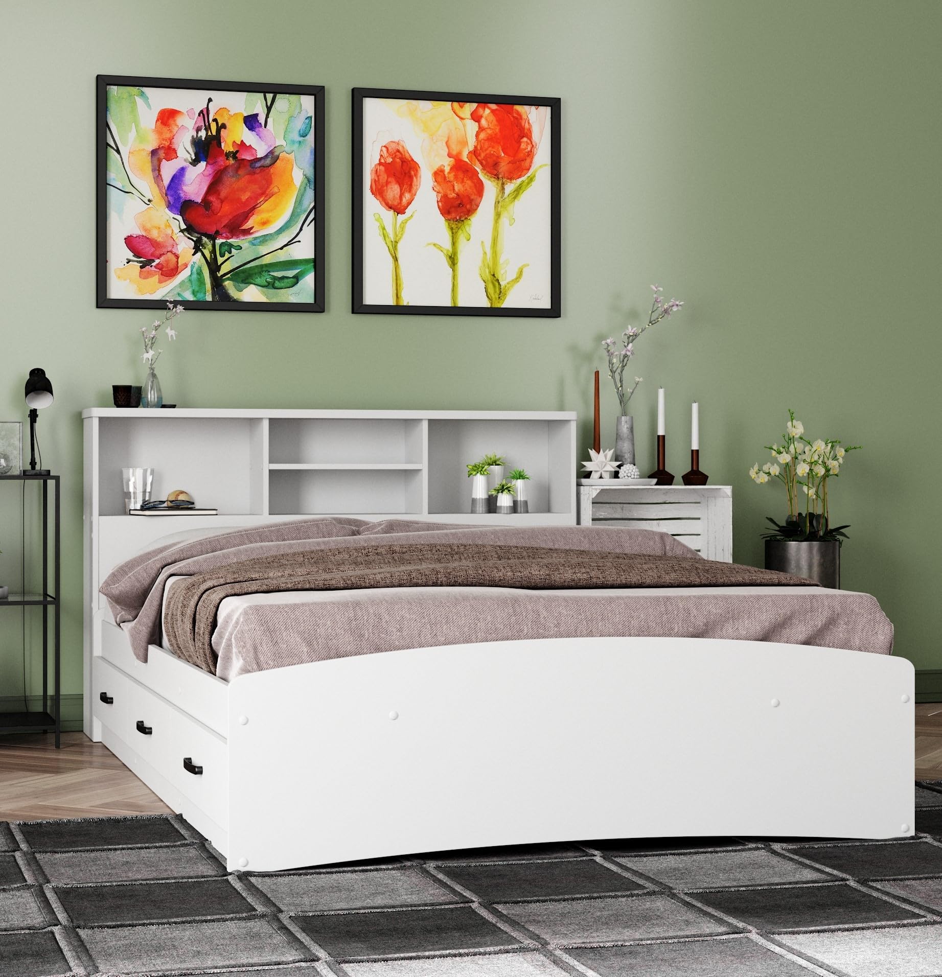 Captain Paltform Bed with 3 Drawers and Bookcase Headboard (White, Full)