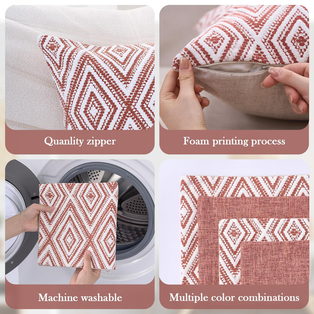 Hpuk Decorative Throw Pillow Covers Set Of 4 Geometric Design Linen Cushion Cover For Couch Sofa Living Room, 20'X20' Inches, Coral